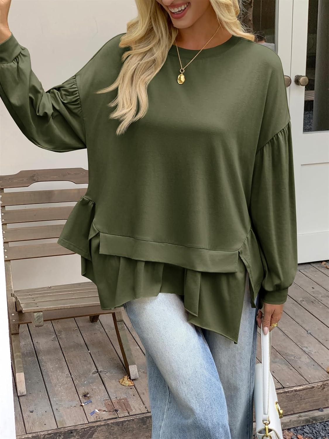 imageTankaneo Womens Oversized Tops Peplum Puff Long Sleeve Shirts Trendy Casual Loose Fit Crew Neck Tunic ShirtsArmy Green