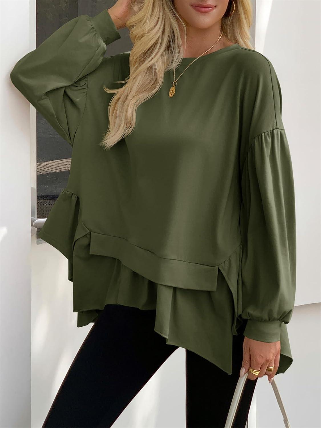 imageTankaneo Womens Oversized Tops Peplum Puff Long Sleeve Shirts Trendy Casual Loose Fit Crew Neck Tunic ShirtsArmy Green