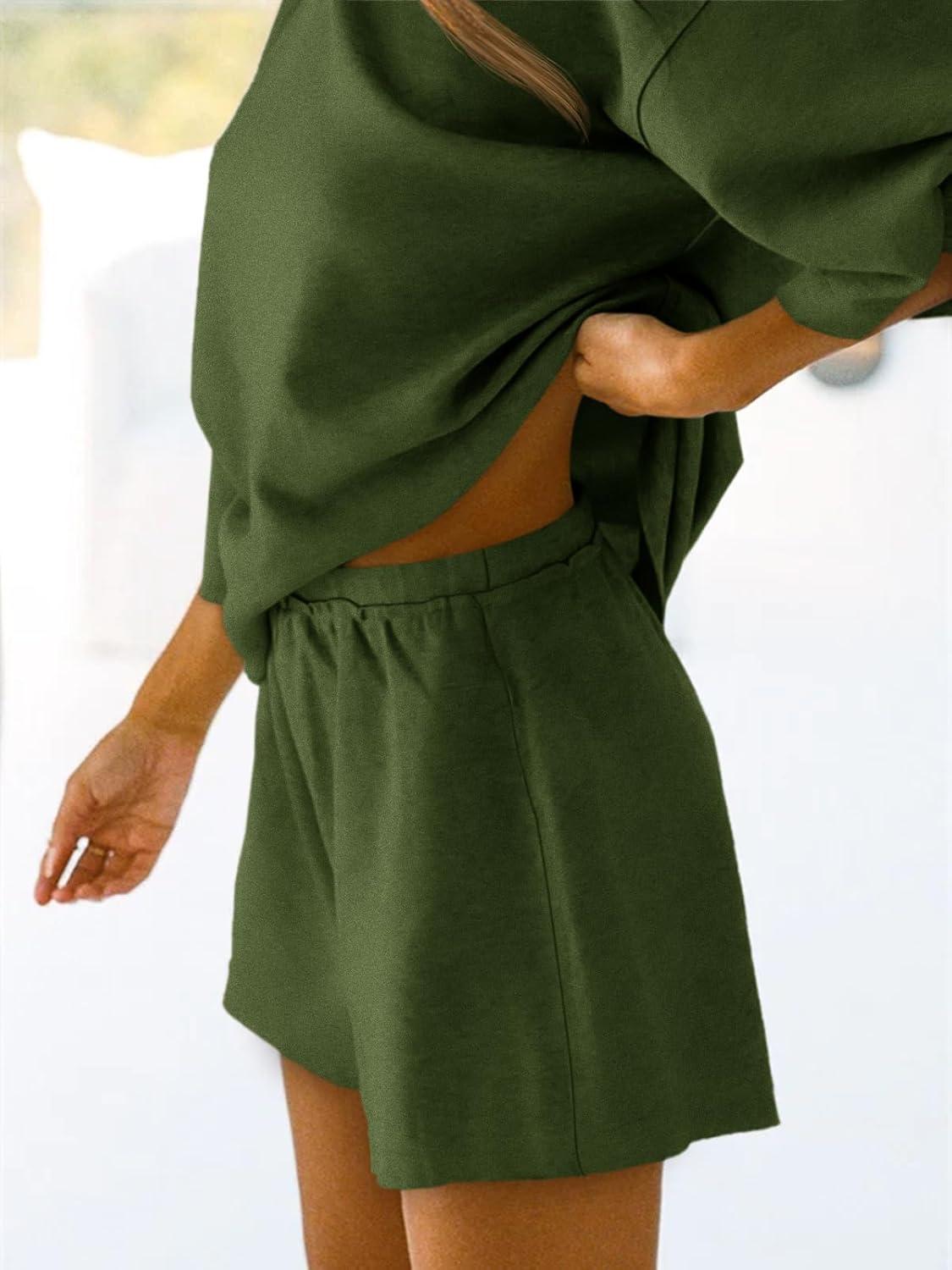 imageTankaneo Womens Pajama Sets 34 Sleeve Oversized Tops and Elastic Waist Shorts Lounge Sets LoungewearArmy Green