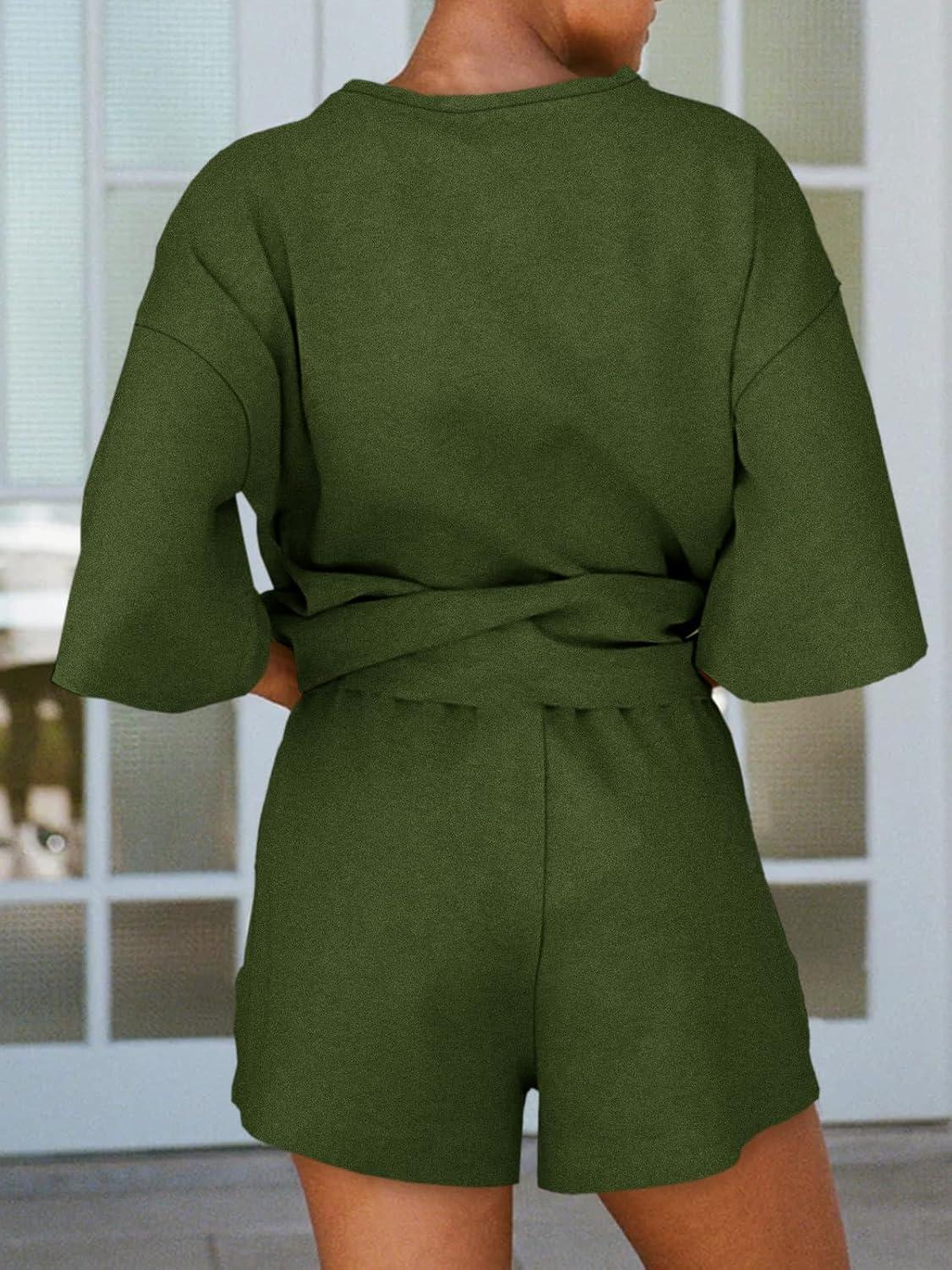 imageTankaneo Womens Pajama Sets 34 Sleeve Oversized Tops and Elastic Waist Shorts Lounge Sets LoungewearArmy Green