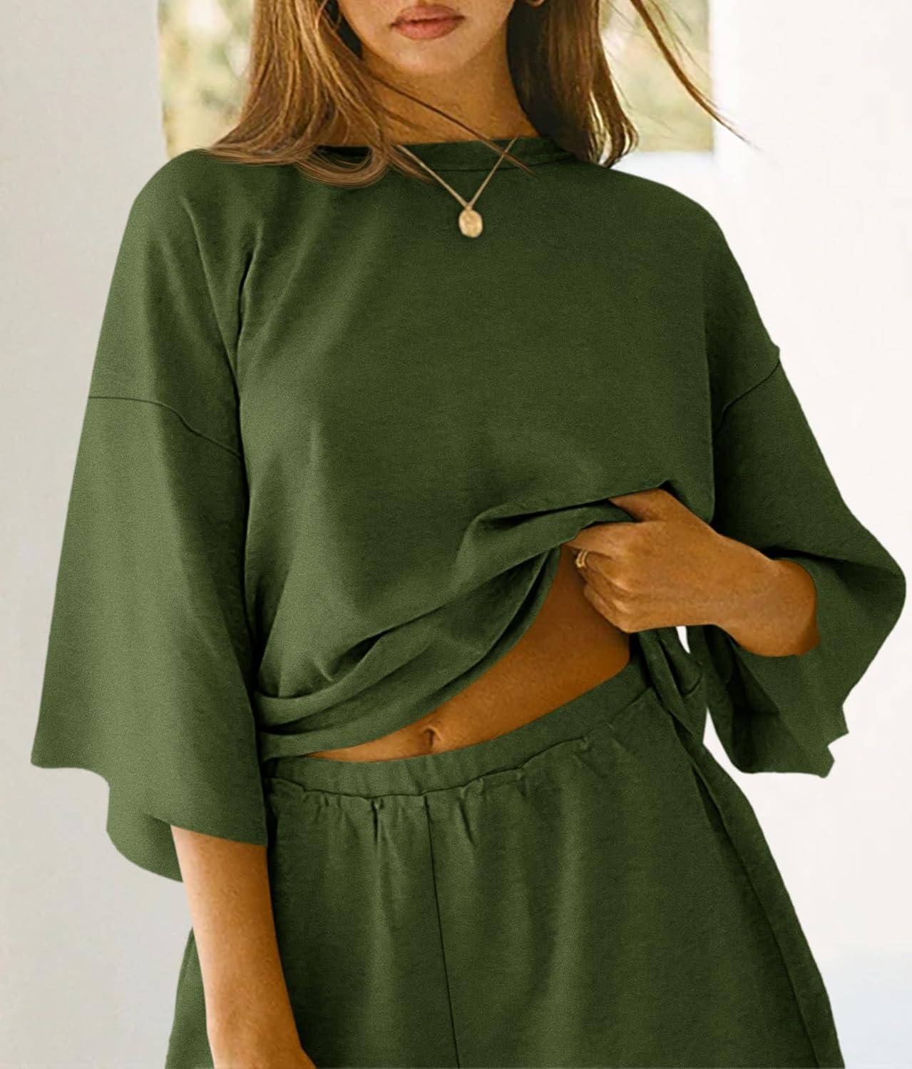imageTankaneo Womens Pajama Sets 34 Sleeve Oversized Tops and Elastic Waist Shorts Lounge Sets LoungewearArmy Green