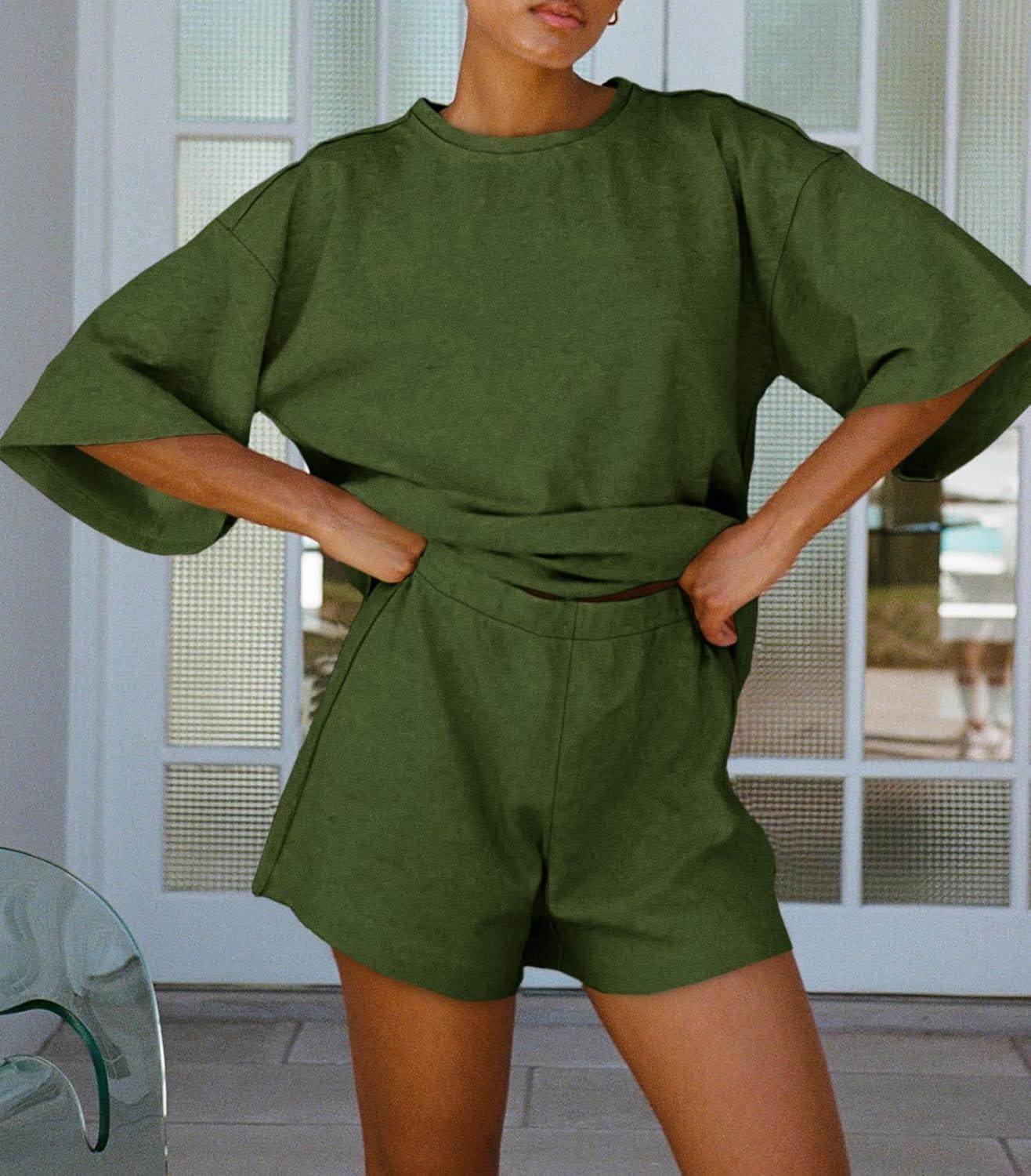 imageTankaneo Womens Pajama Sets 34 Sleeve Oversized Tops and Elastic Waist Shorts Lounge Sets LoungewearArmy Green