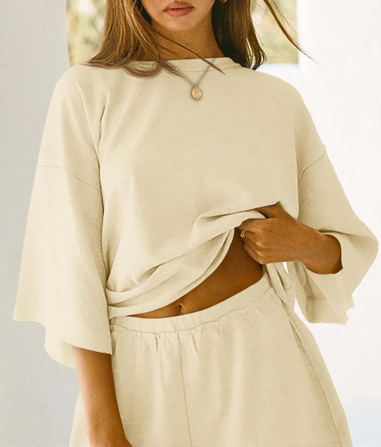 imageTankaneo Womens Pajama Sets 34 Sleeve Oversized Tops and Elastic Waist Shorts Lounge Sets LoungewearBeige