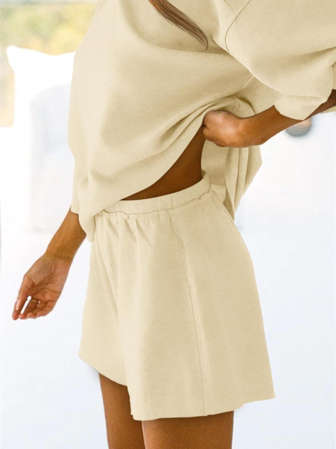 imageTankaneo Womens Pajama Sets 34 Sleeve Oversized Tops and Elastic Waist Shorts Lounge Sets LoungewearBeige