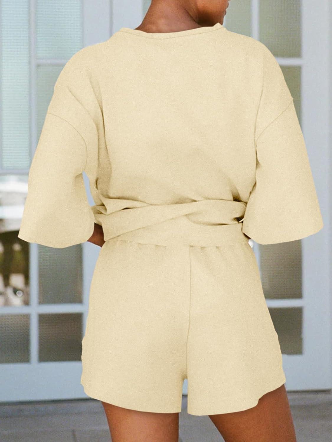 imageTankaneo Womens Pajama Sets 34 Sleeve Oversized Tops and Elastic Waist Shorts Lounge Sets LoungewearBeige