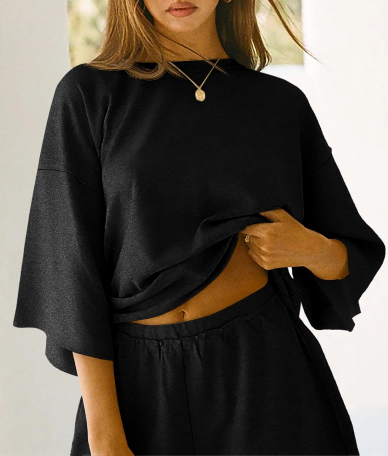 imageTankaneo Womens Pajama Sets 34 Sleeve Oversized Tops and Elastic Waist Shorts Lounge Sets LoungewearBlack