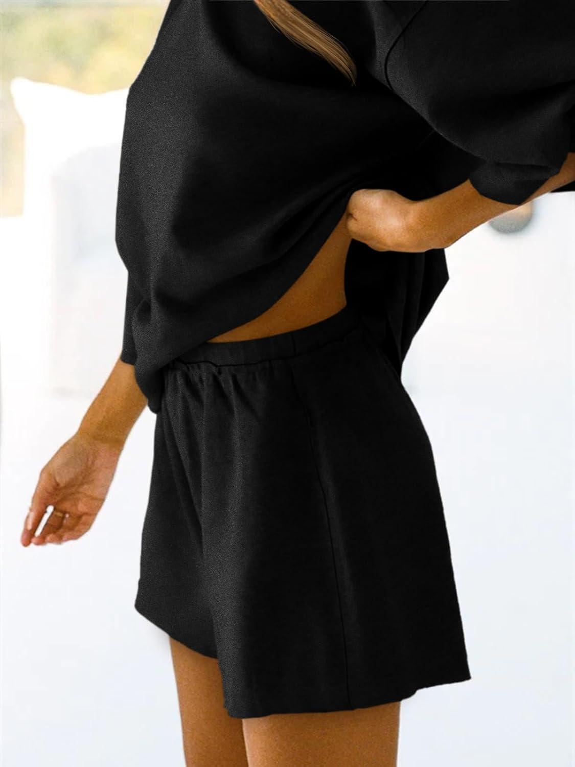 imageTankaneo Womens Pajama Sets 34 Sleeve Oversized Tops and Elastic Waist Shorts Lounge Sets LoungewearBlack