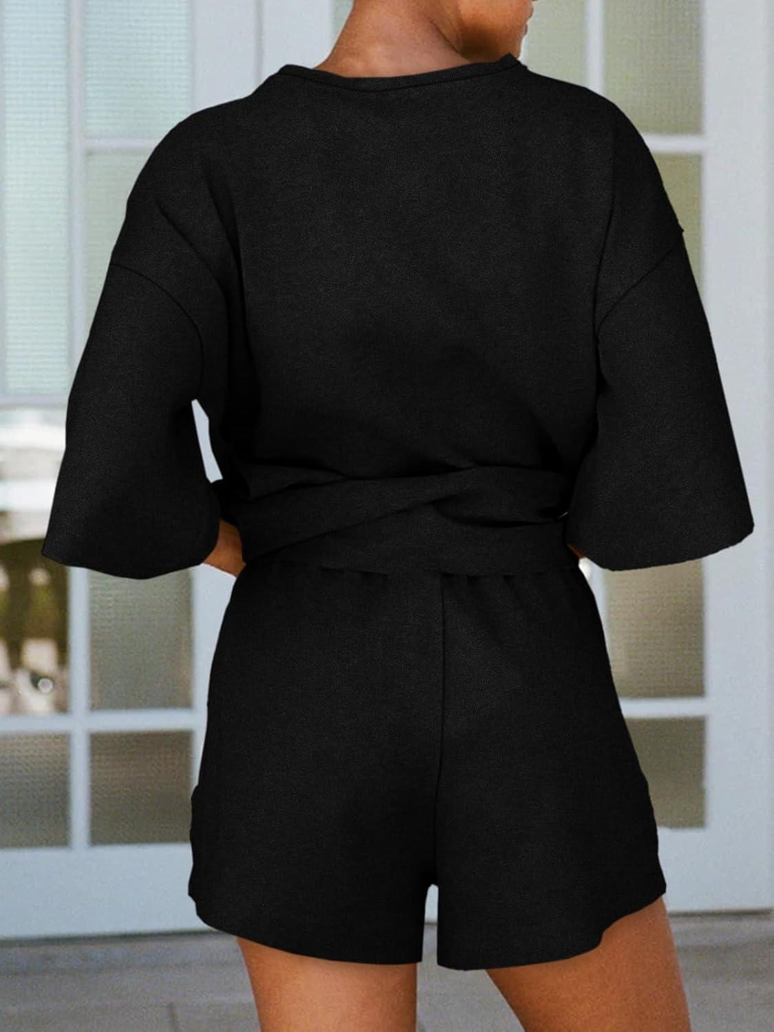 imageTankaneo Womens Pajama Sets 34 Sleeve Oversized Tops and Elastic Waist Shorts Lounge Sets LoungewearBlack