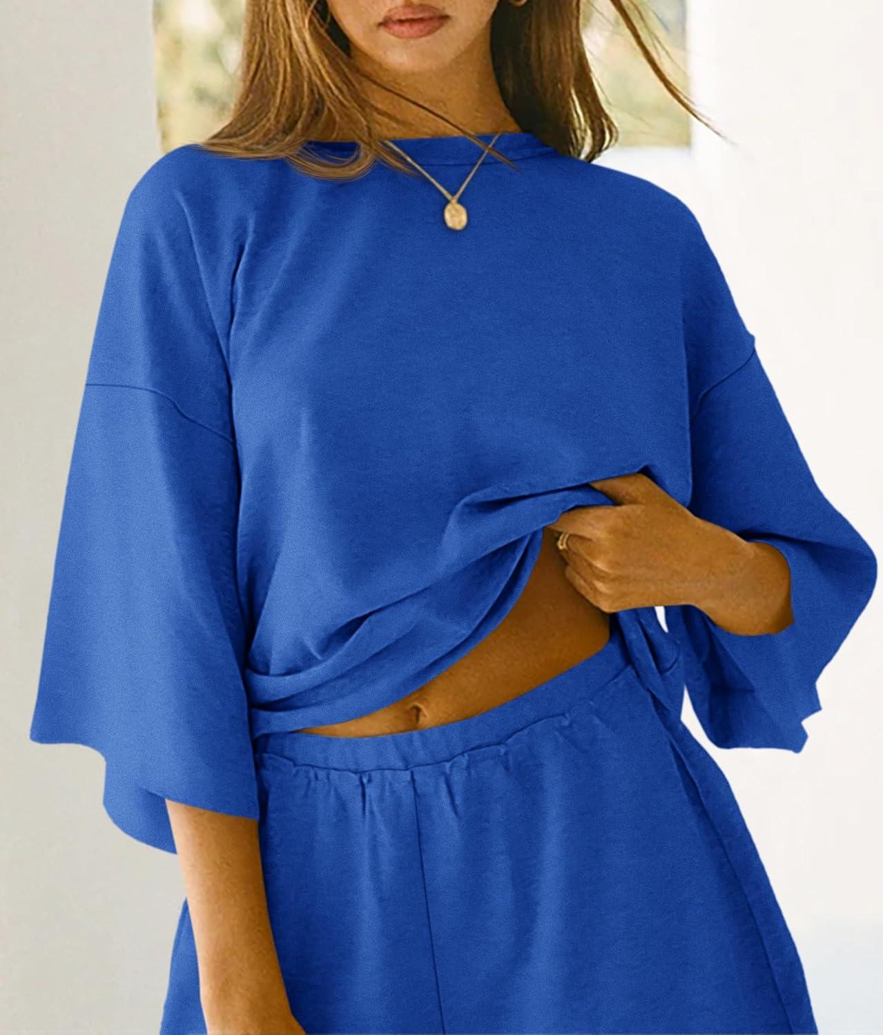 imageTankaneo Womens Pajama Sets 34 Sleeve Oversized Tops and Elastic Waist Shorts Lounge Sets LoungewearBlue