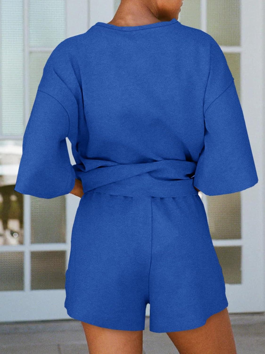 imageTankaneo Womens Pajama Sets 34 Sleeve Oversized Tops and Elastic Waist Shorts Lounge Sets LoungewearBlue