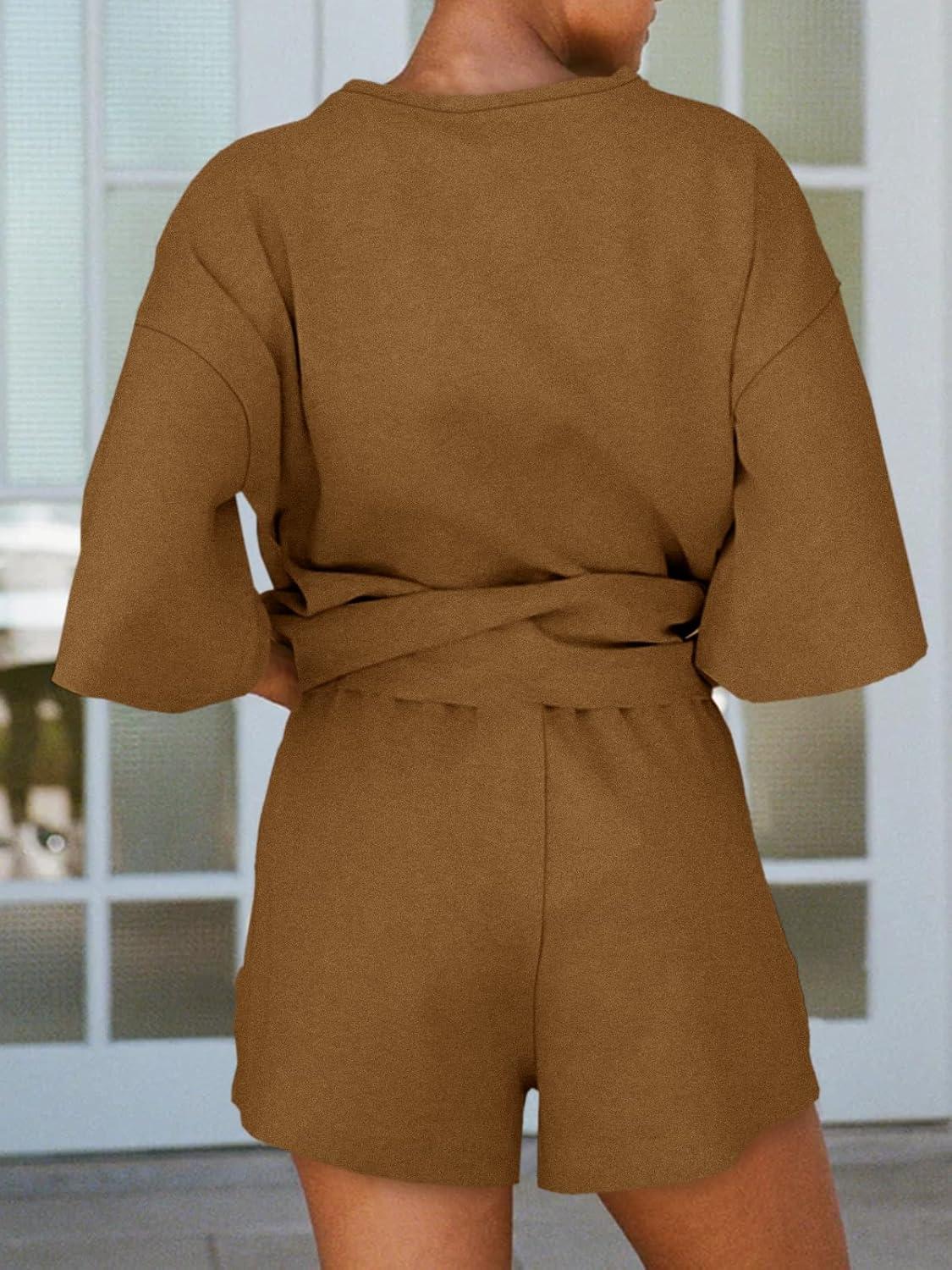 imageTankaneo Womens Pajama Sets 34 Sleeve Oversized Tops and Elastic Waist Shorts Lounge Sets LoungewearBrown