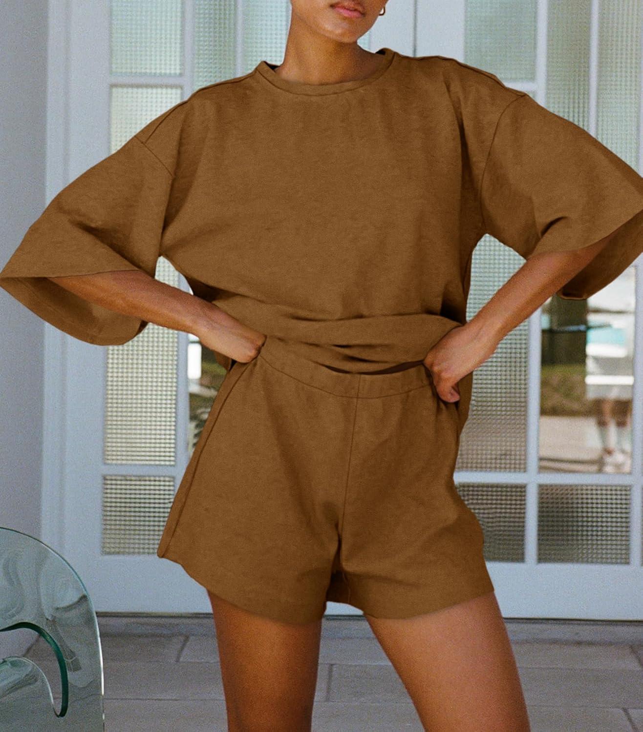 imageTankaneo Womens Pajama Sets 34 Sleeve Oversized Tops and Elastic Waist Shorts Lounge Sets LoungewearBrown