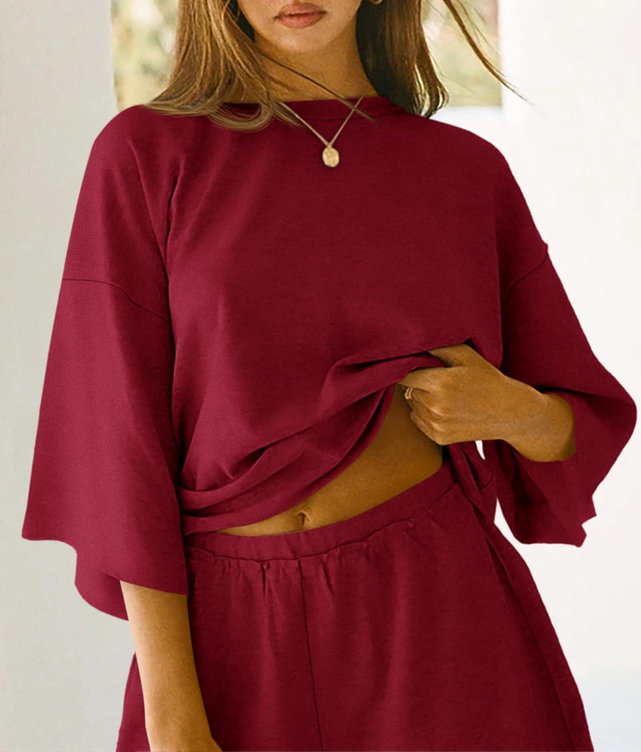 imageTankaneo Womens Pajama Sets 34 Sleeve Oversized Tops and Elastic Waist Shorts Lounge Sets LoungewearBurgundy