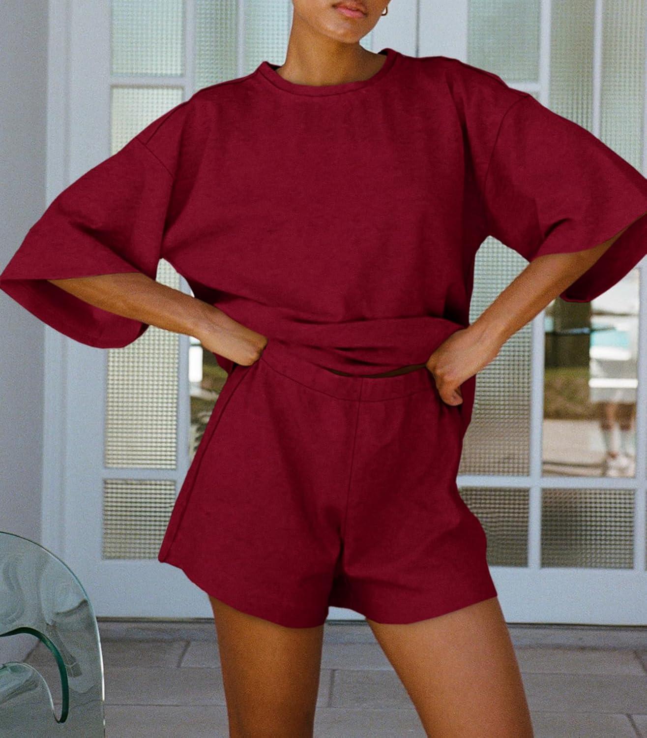 imageTankaneo Womens Pajama Sets 34 Sleeve Oversized Tops and Elastic Waist Shorts Lounge Sets LoungewearBurgundy