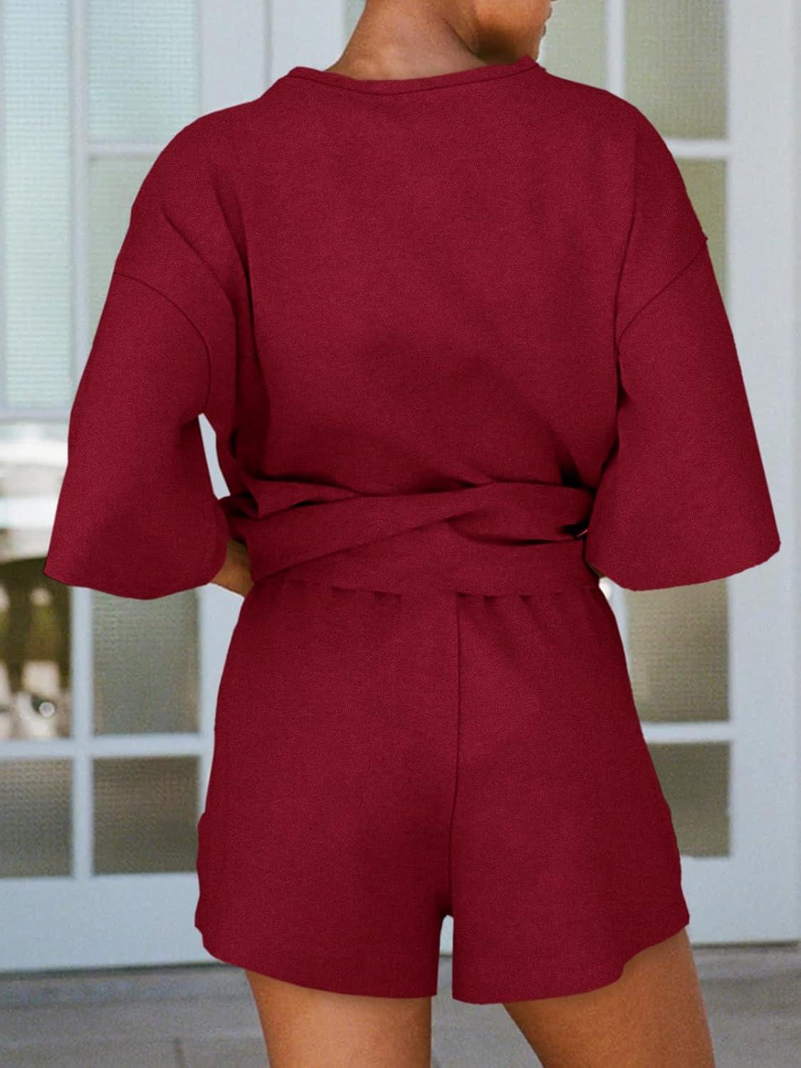 imageTankaneo Womens Pajama Sets 34 Sleeve Oversized Tops and Elastic Waist Shorts Lounge Sets LoungewearBurgundy