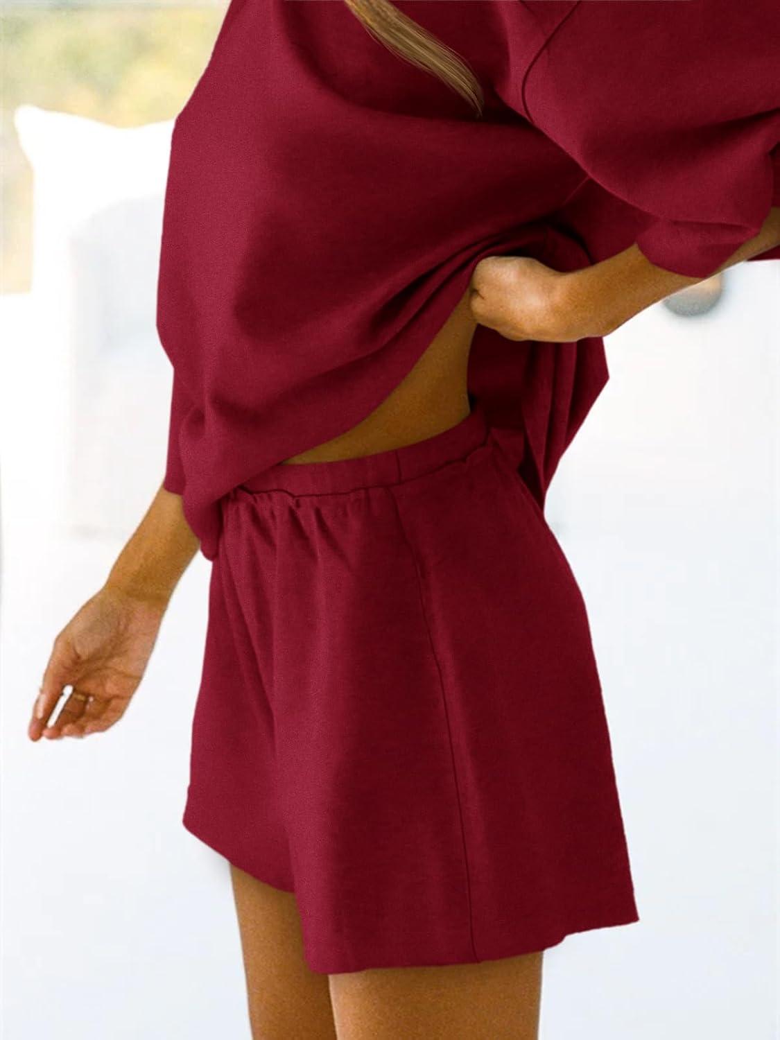 imageTankaneo Womens Pajama Sets 34 Sleeve Oversized Tops and Elastic Waist Shorts Lounge Sets LoungewearBurgundy