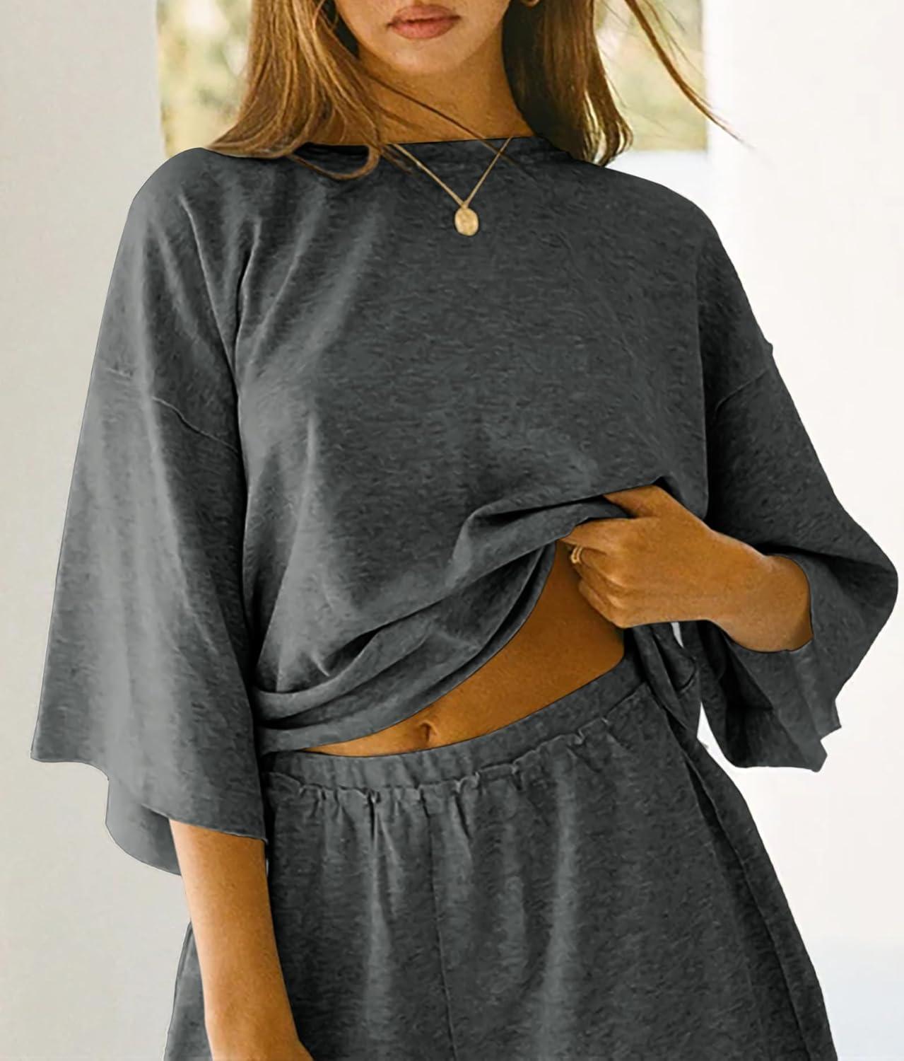 imageTankaneo Womens Pajama Sets 34 Sleeve Oversized Tops and Elastic Waist Shorts Lounge Sets LoungewearDark Grey