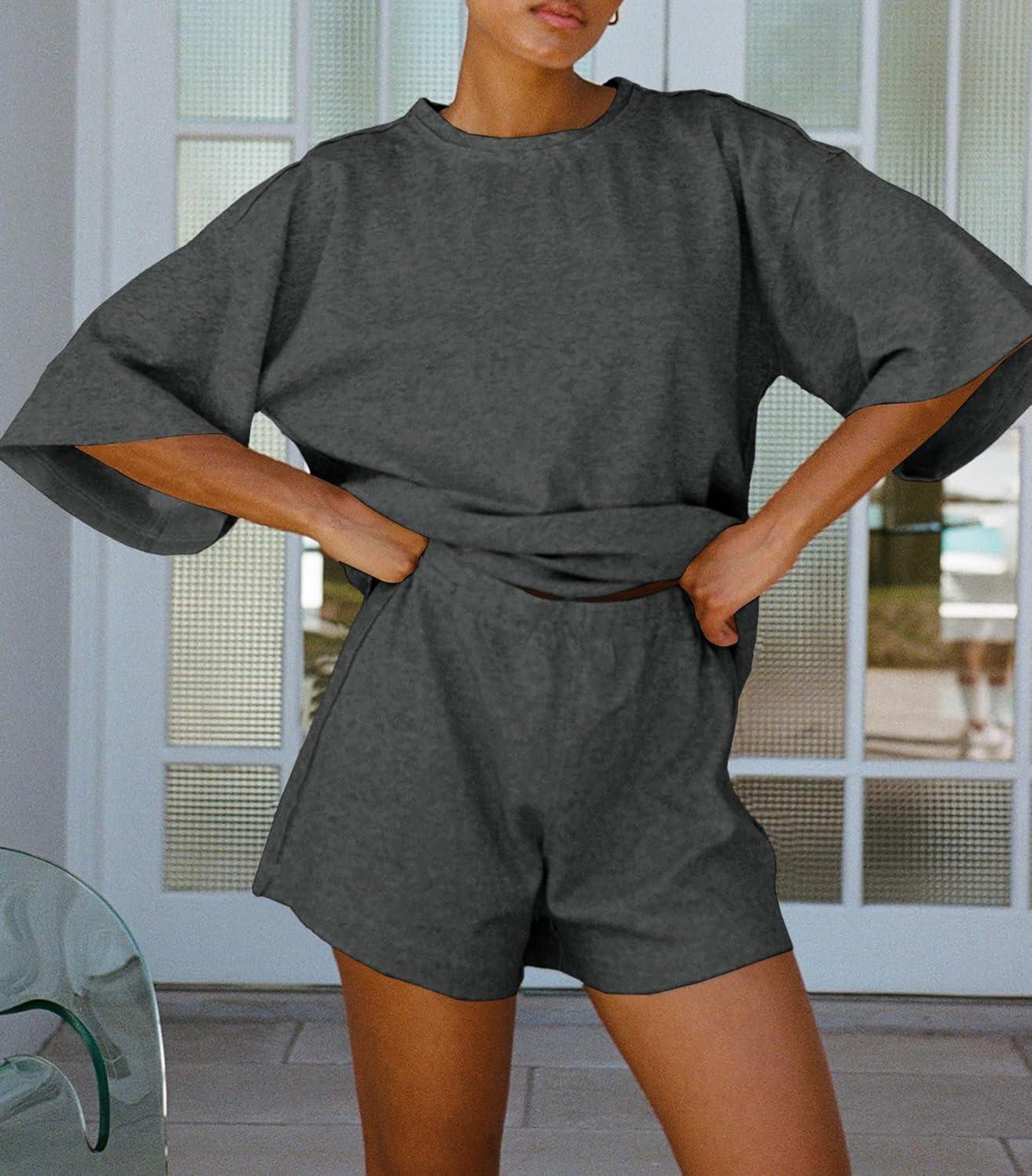 imageTankaneo Womens Pajama Sets 34 Sleeve Oversized Tops and Elastic Waist Shorts Lounge Sets LoungewearDark Grey