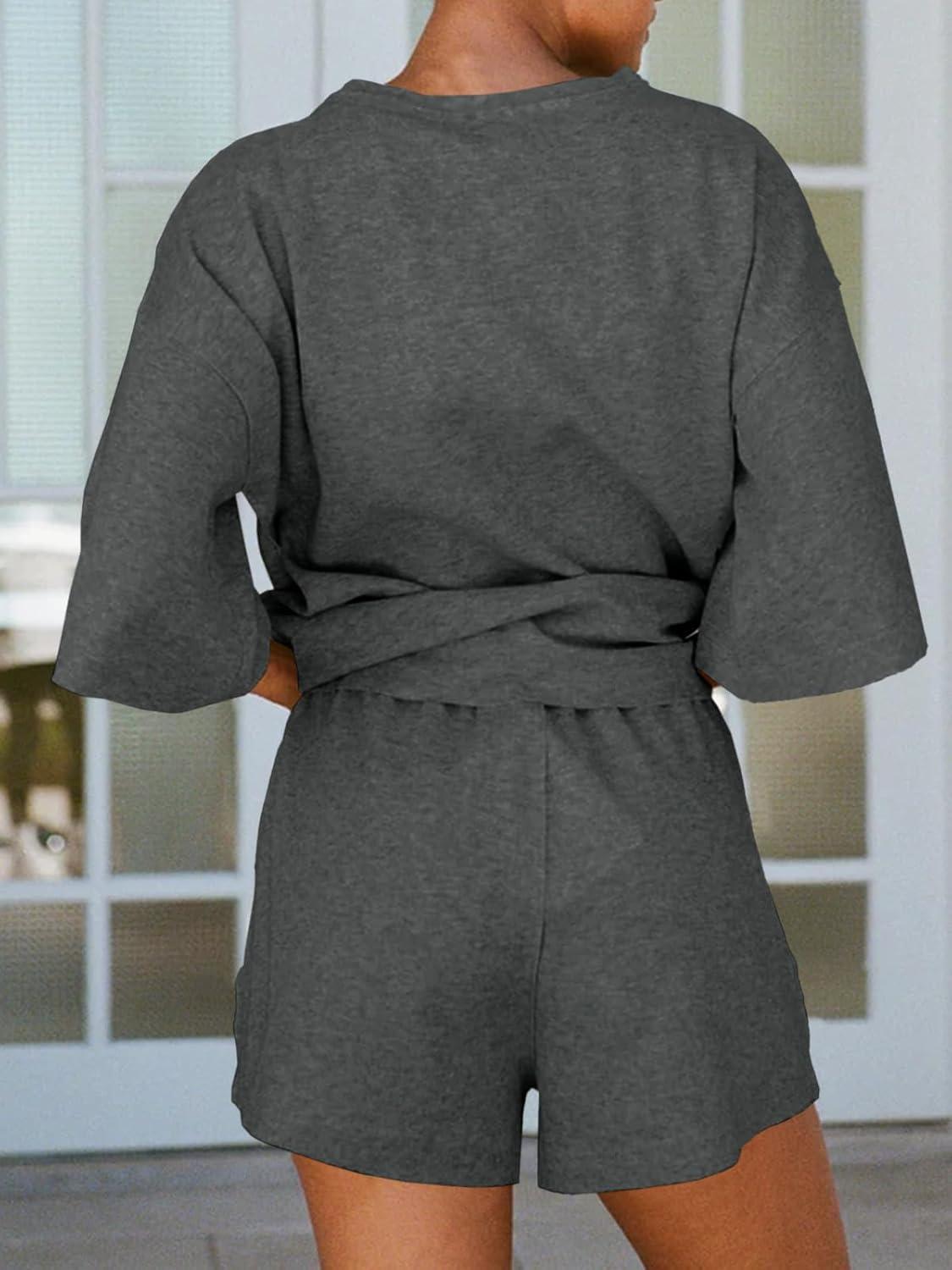 imageTankaneo Womens Pajama Sets 34 Sleeve Oversized Tops and Elastic Waist Shorts Lounge Sets LoungewearDark Grey