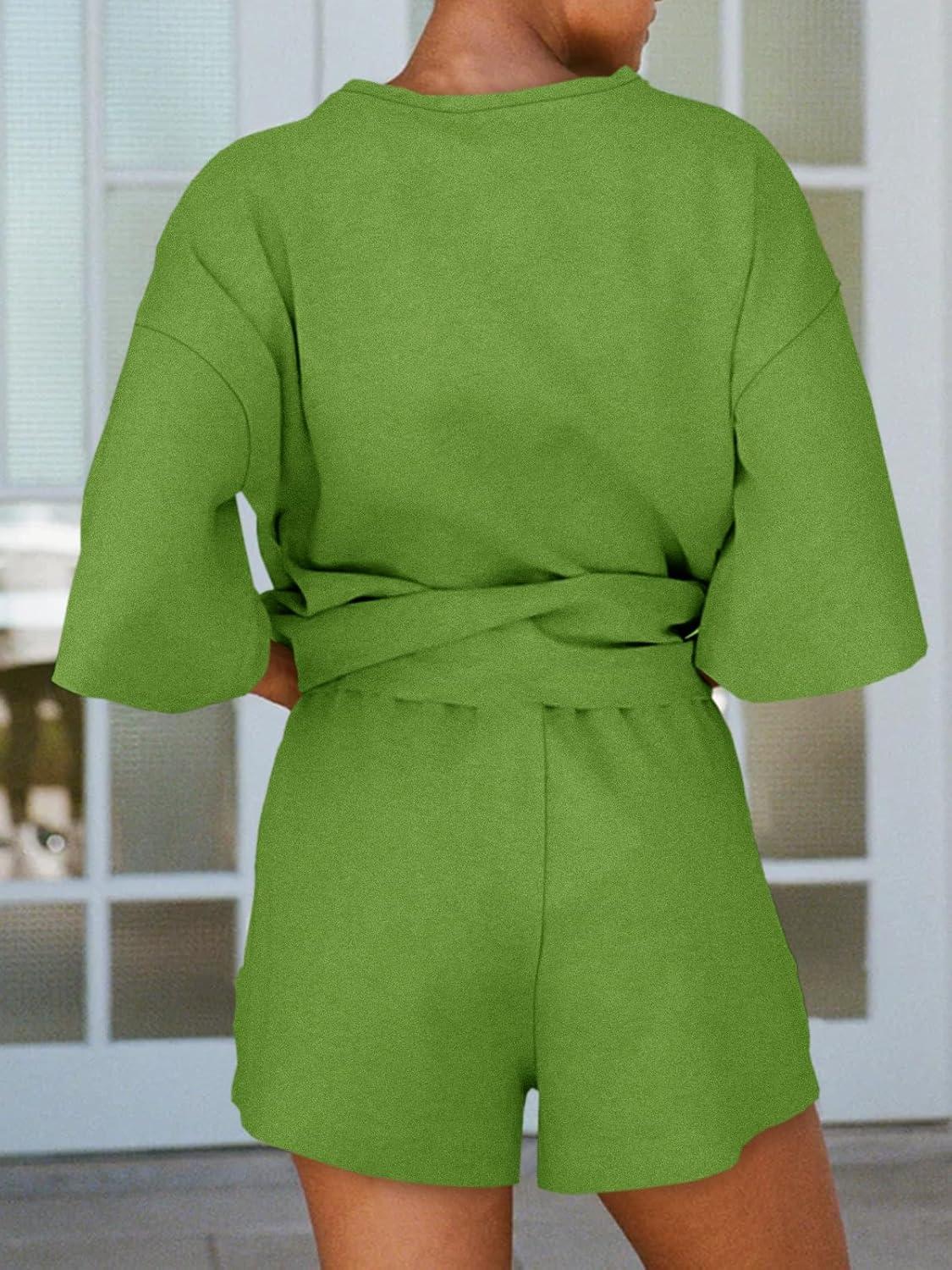 imageTankaneo Womens Pajama Sets 34 Sleeve Oversized Tops and Elastic Waist Shorts Lounge Sets LoungewearGreen