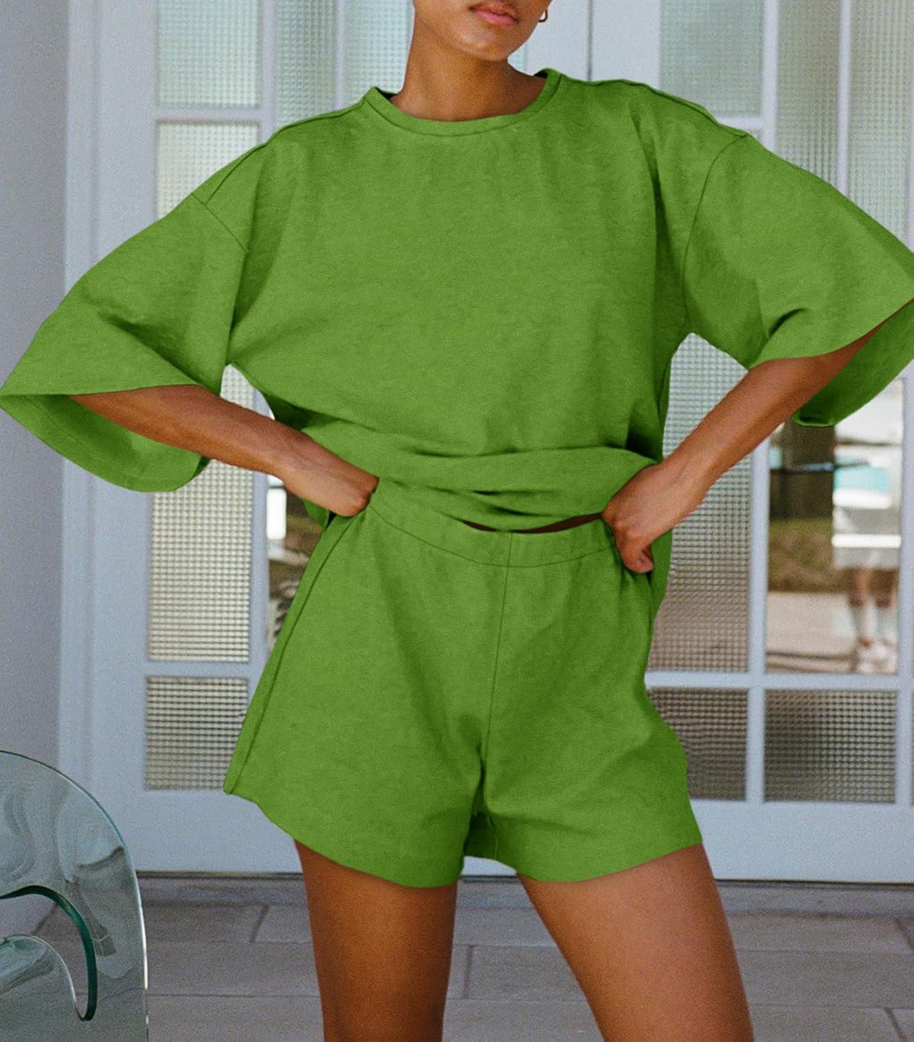 imageTankaneo Womens Pajama Sets 34 Sleeve Oversized Tops and Elastic Waist Shorts Lounge Sets LoungewearGreen