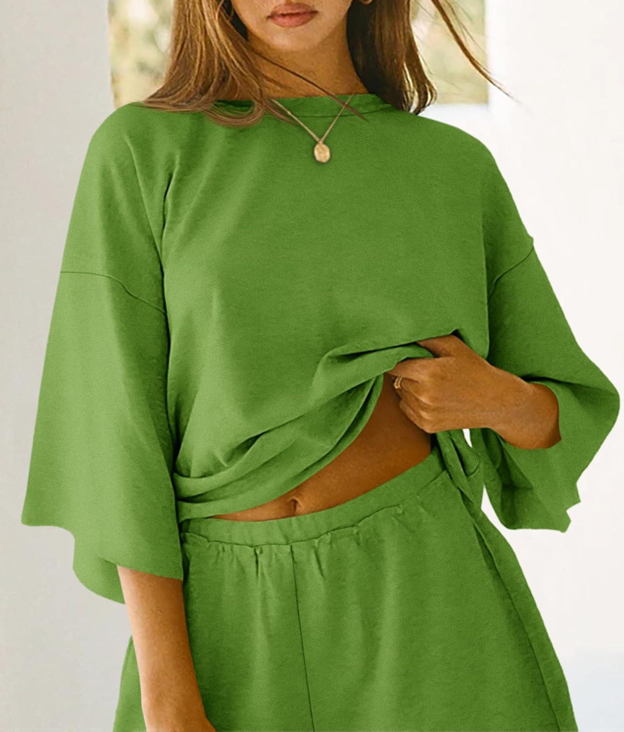 imageTankaneo Womens Pajama Sets 34 Sleeve Oversized Tops and Elastic Waist Shorts Lounge Sets LoungewearGreen
