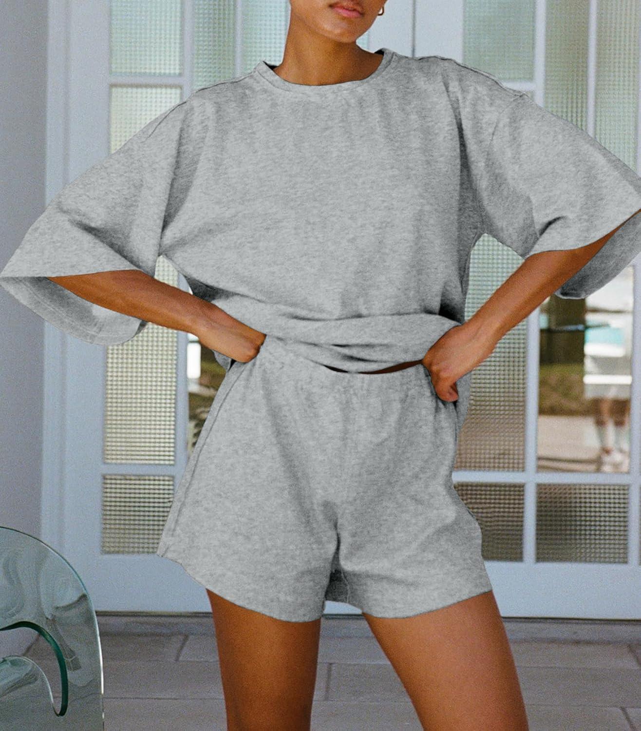 imageTankaneo Womens Pajama Sets 34 Sleeve Oversized Tops and Elastic Waist Shorts Lounge Sets LoungewearGrey