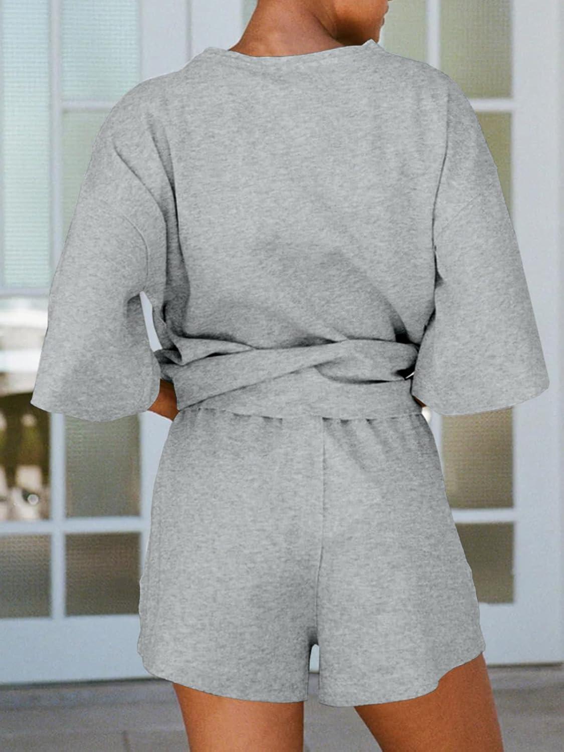 imageTankaneo Womens Pajama Sets 34 Sleeve Oversized Tops and Elastic Waist Shorts Lounge Sets LoungewearGrey