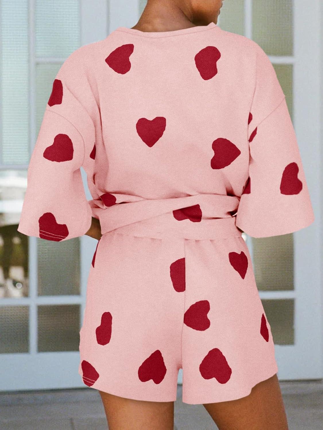 imageTankaneo Womens Pajama Sets 34 Sleeve Oversized Tops and Elastic Waist Shorts Lounge Sets LoungewearHeartpink