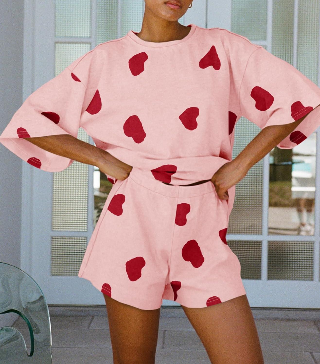 imageTankaneo Womens Pajama Sets 34 Sleeve Oversized Tops and Elastic Waist Shorts Lounge Sets LoungewearHeartpink