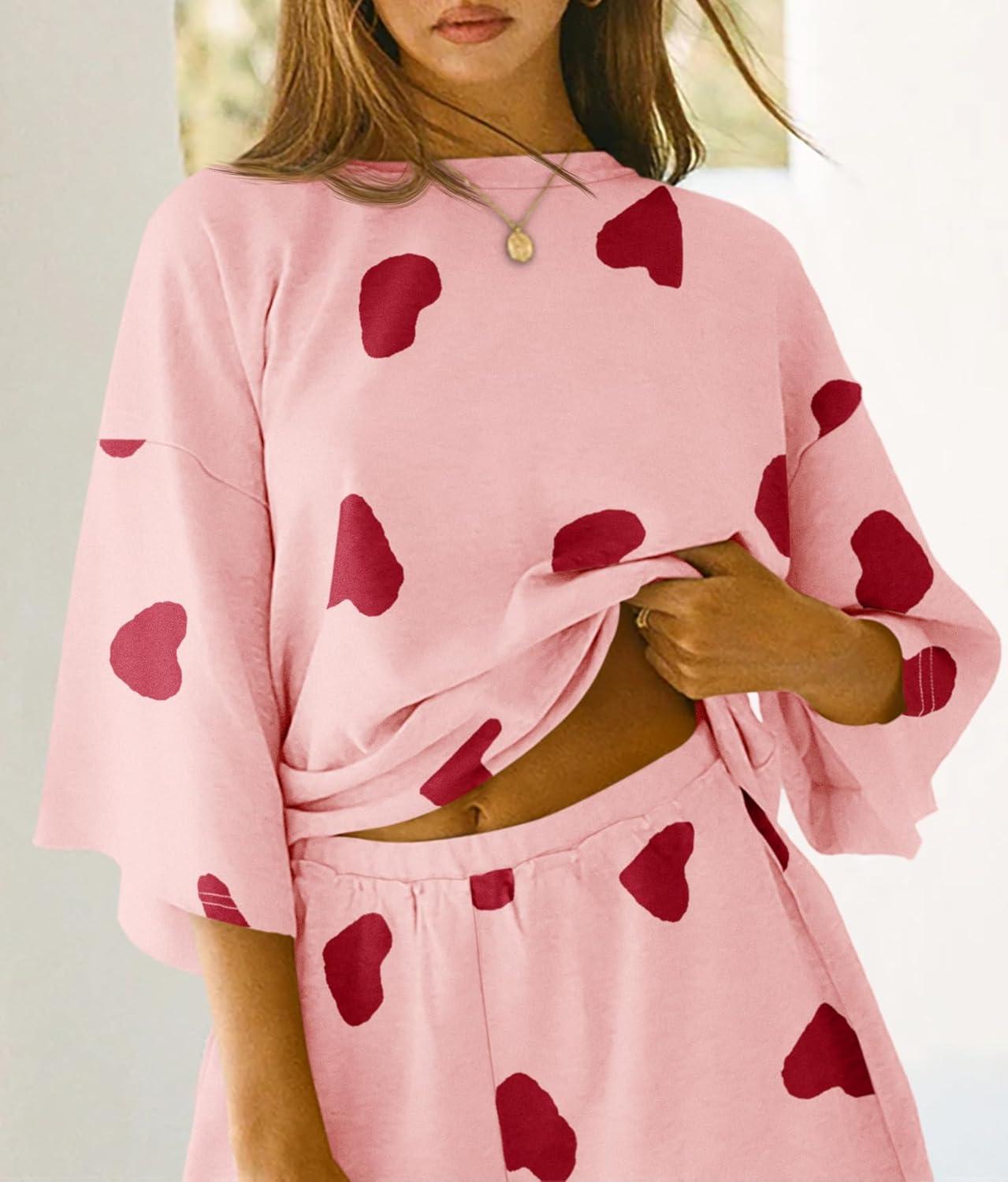 imageTankaneo Womens Pajama Sets 34 Sleeve Oversized Tops and Elastic Waist Shorts Lounge Sets LoungewearHeartpink
