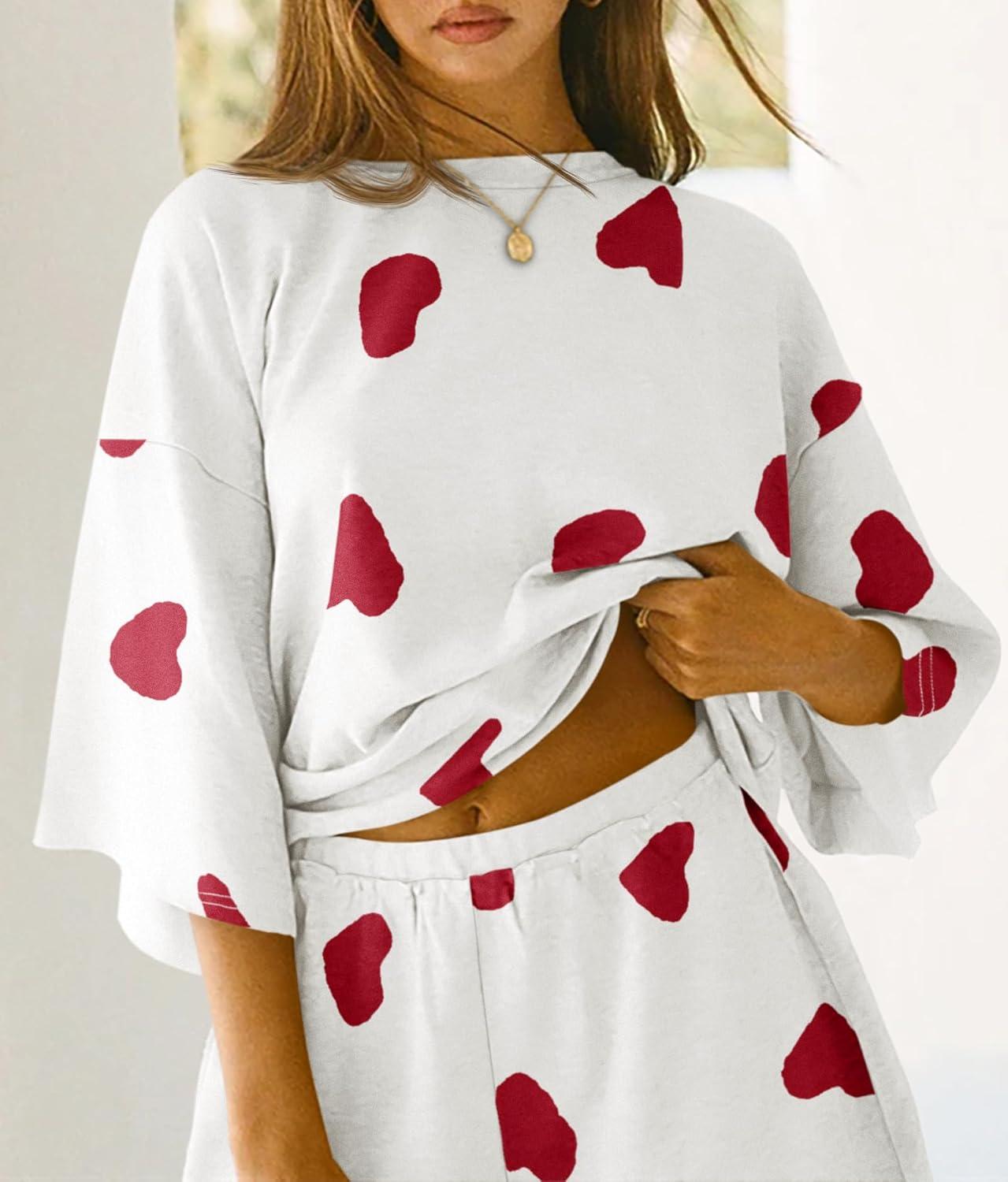 imageTankaneo Womens Pajama Sets 34 Sleeve Oversized Tops and Elastic Waist Shorts Lounge Sets LoungewearHeartwhite