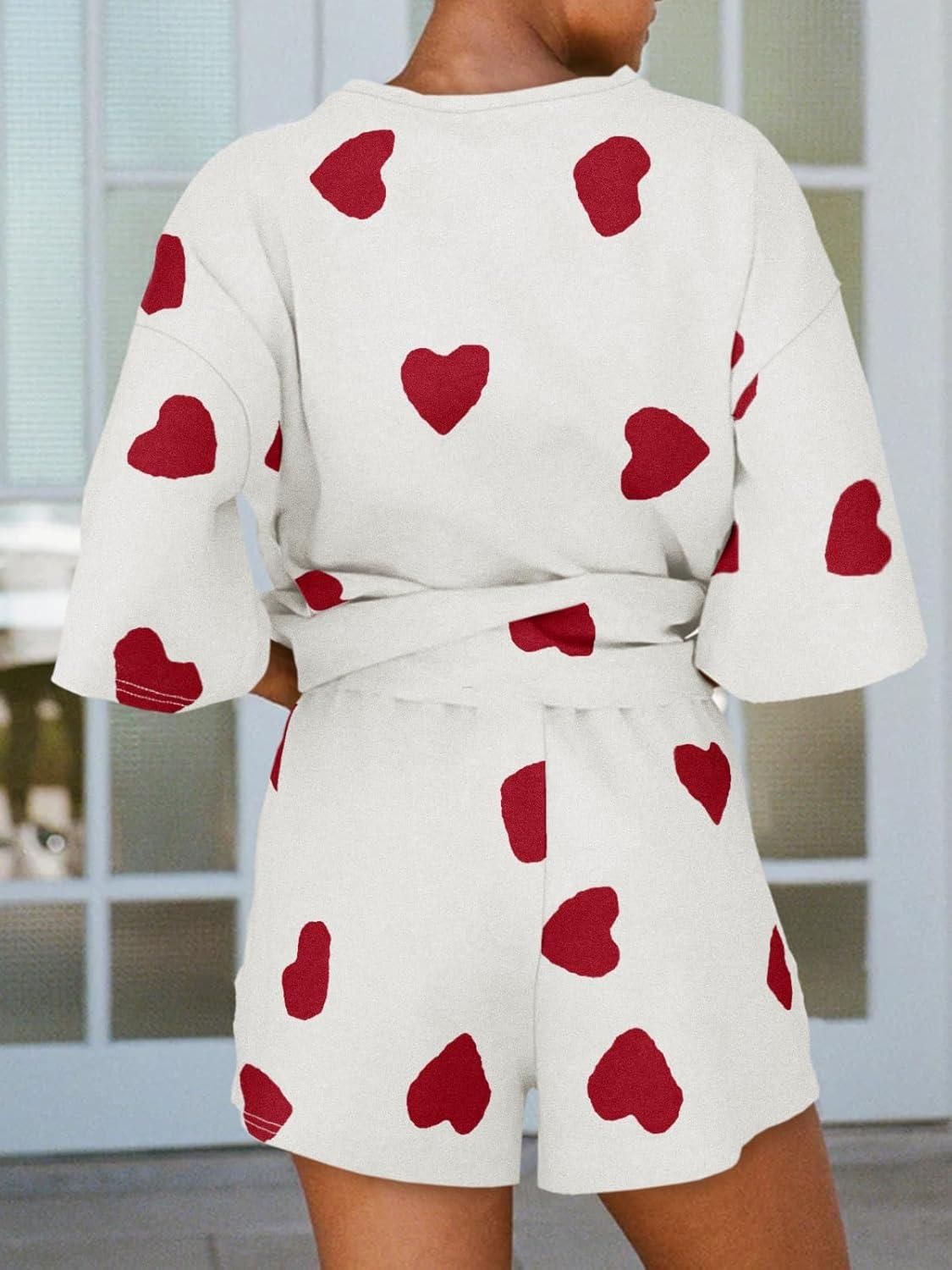 imageTankaneo Womens Pajama Sets 34 Sleeve Oversized Tops and Elastic Waist Shorts Lounge Sets LoungewearHeartwhite