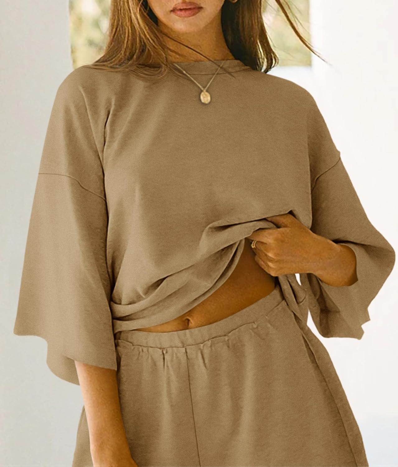 imageTankaneo Womens Pajama Sets 34 Sleeve Oversized Tops and Elastic Waist Shorts Lounge Sets LoungewearKhaki