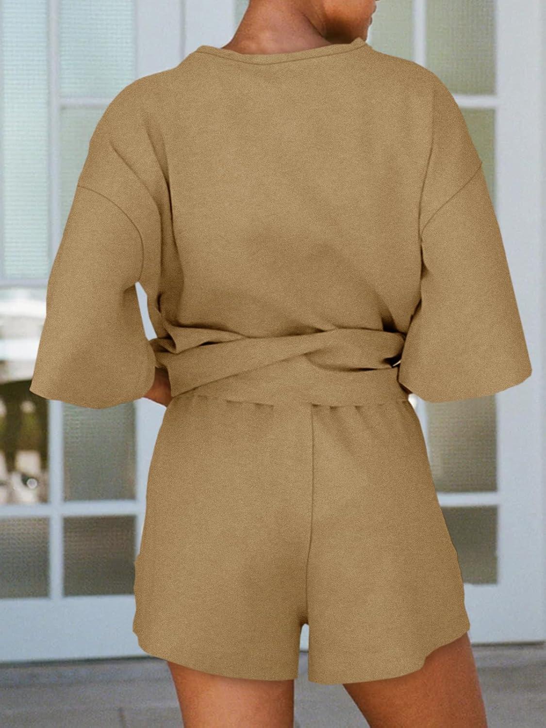 imageTankaneo Womens Pajama Sets 34 Sleeve Oversized Tops and Elastic Waist Shorts Lounge Sets LoungewearKhaki