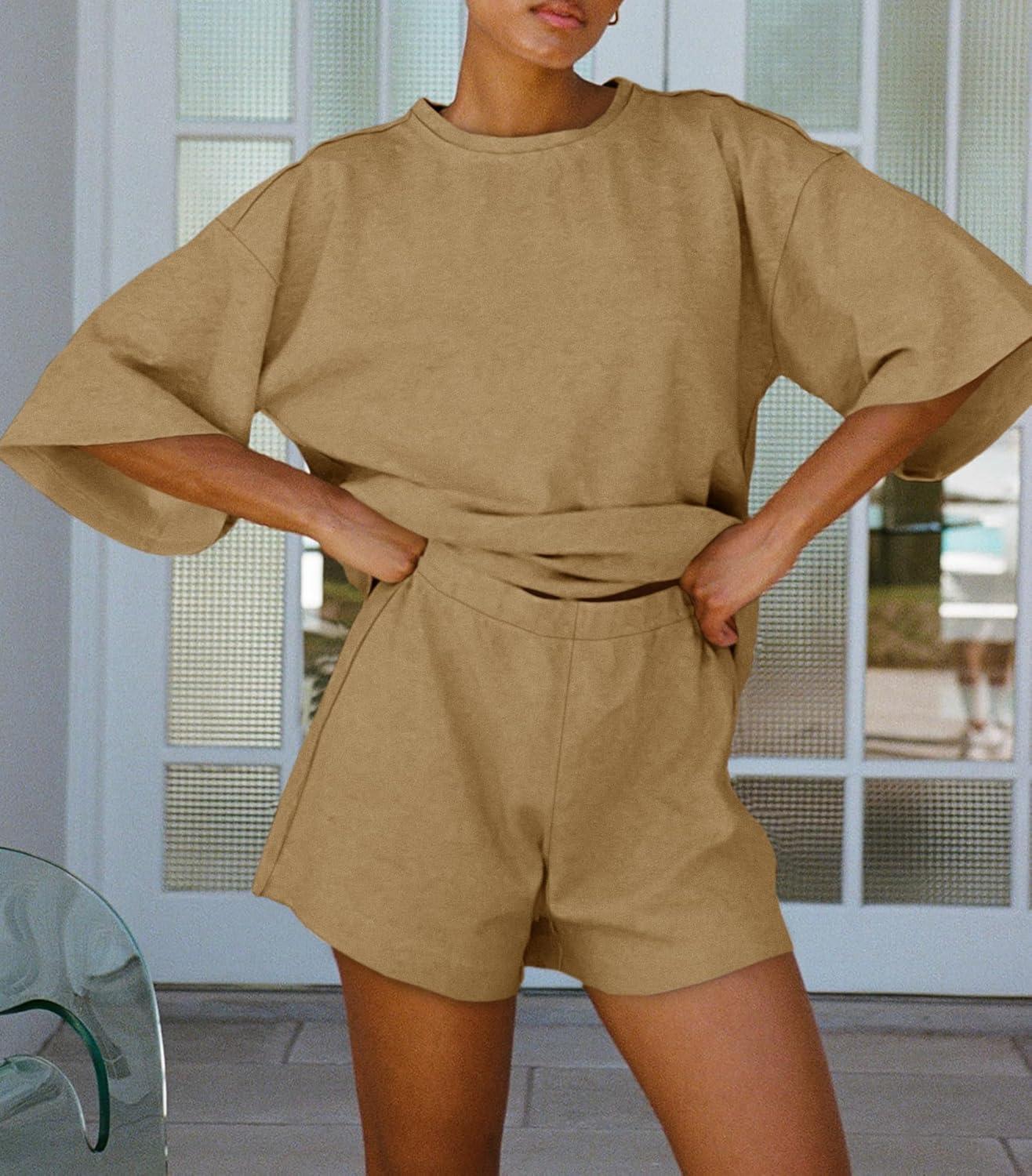 imageTankaneo Womens Pajama Sets 34 Sleeve Oversized Tops and Elastic Waist Shorts Lounge Sets LoungewearKhaki