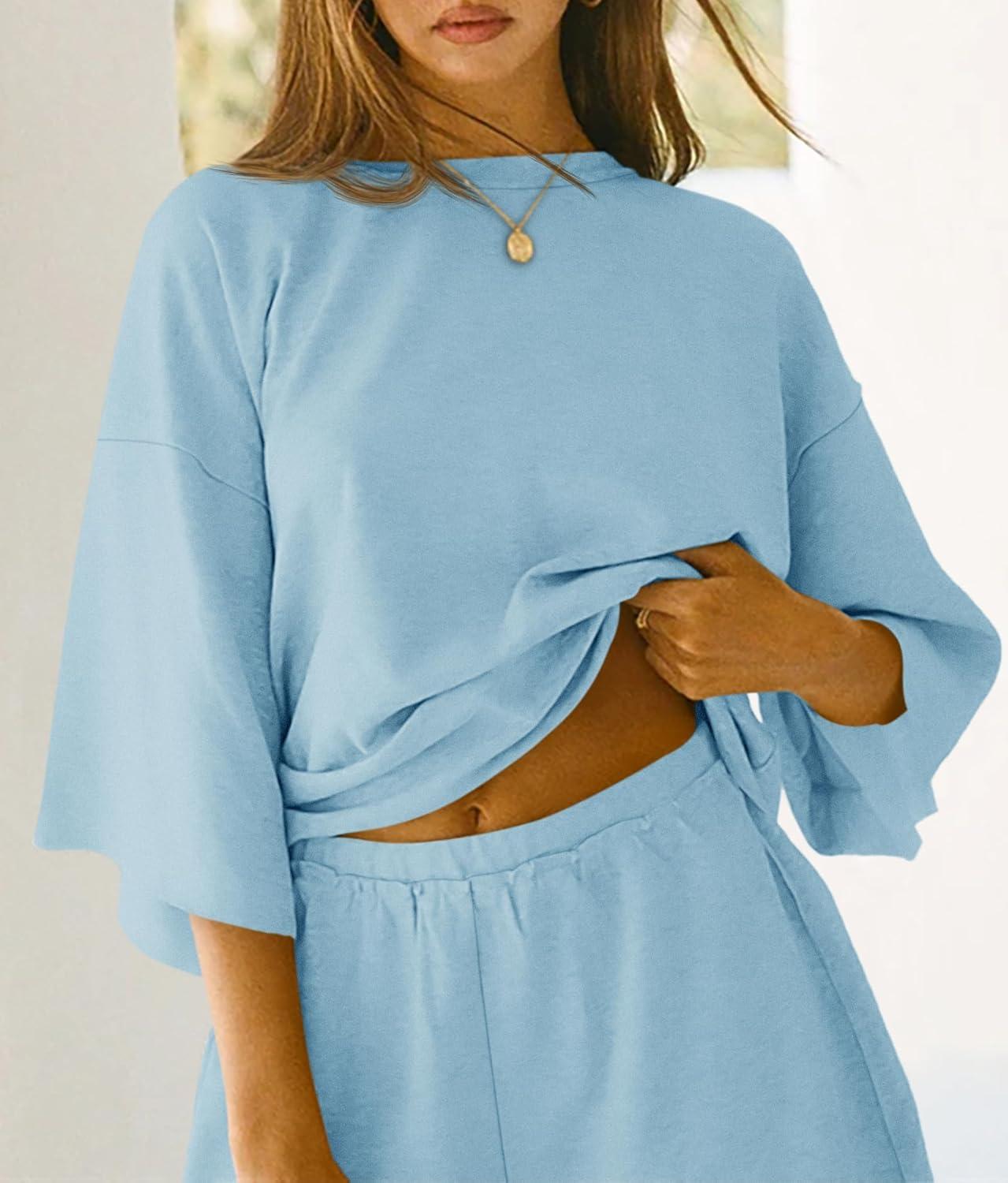 imageTankaneo Womens Pajama Sets 34 Sleeve Oversized Tops and Elastic Waist Shorts Lounge Sets LoungewearLight Blue