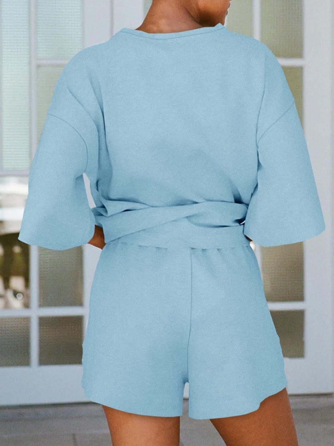 imageTankaneo Womens Pajama Sets 34 Sleeve Oversized Tops and Elastic Waist Shorts Lounge Sets LoungewearLight Blue