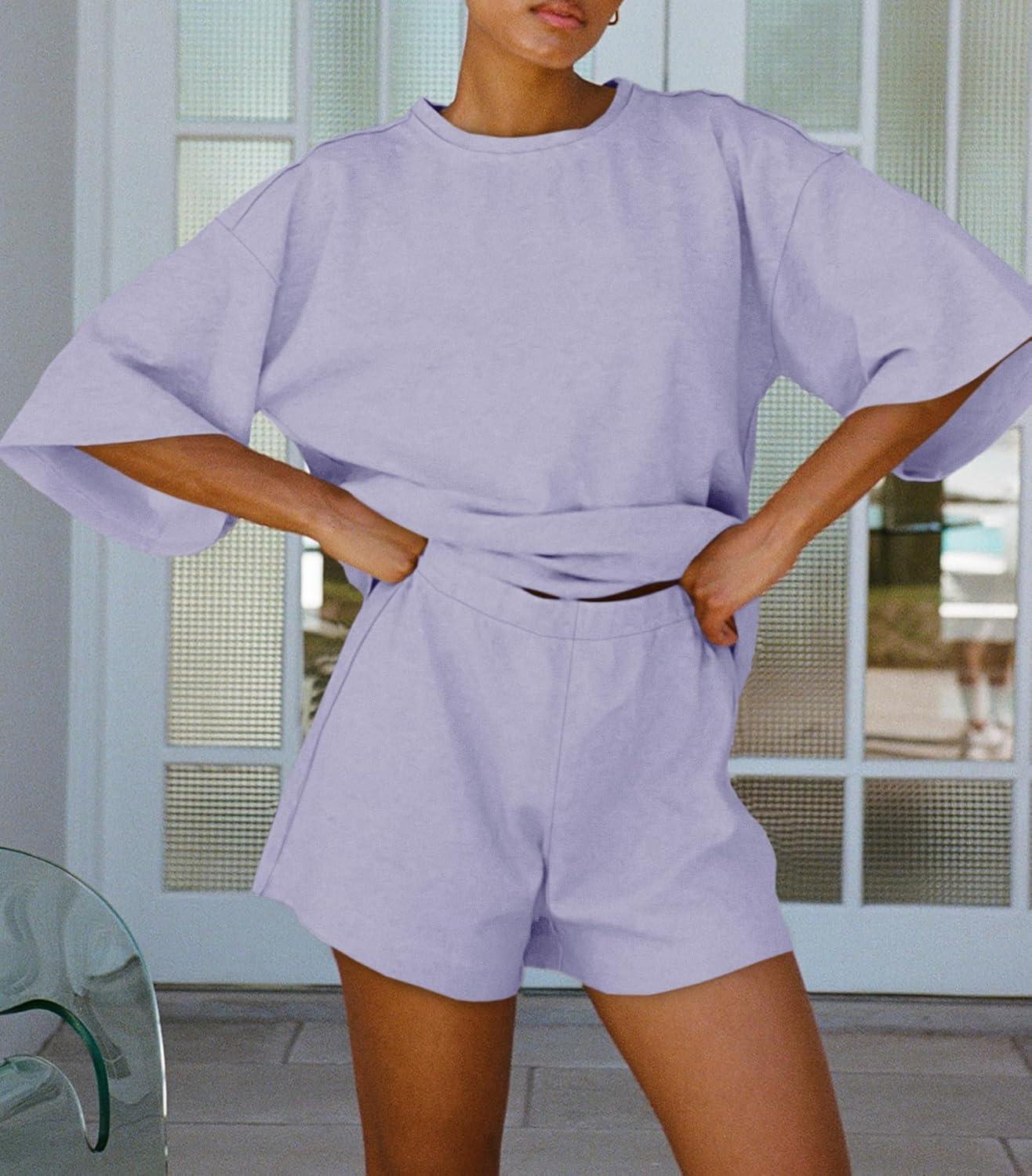 imageTankaneo Womens Pajama Sets 34 Sleeve Oversized Tops and Elastic Waist Shorts Lounge Sets LoungewearLight Purple