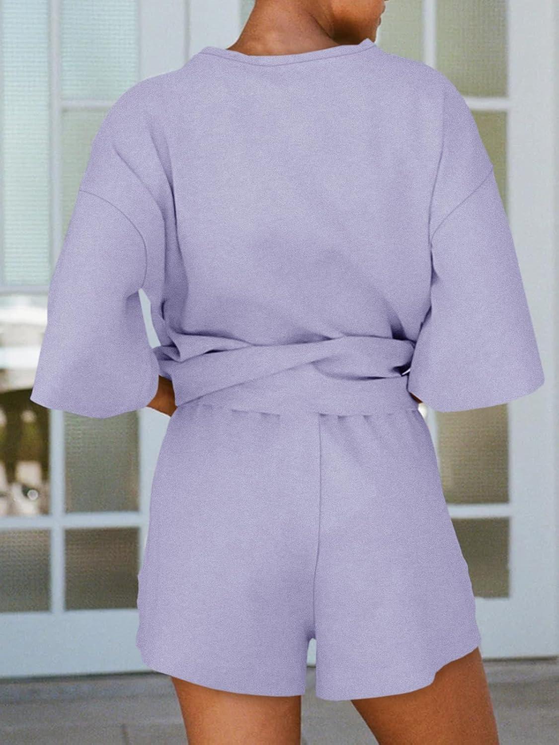 imageTankaneo Womens Pajama Sets 34 Sleeve Oversized Tops and Elastic Waist Shorts Lounge Sets LoungewearLight Purple