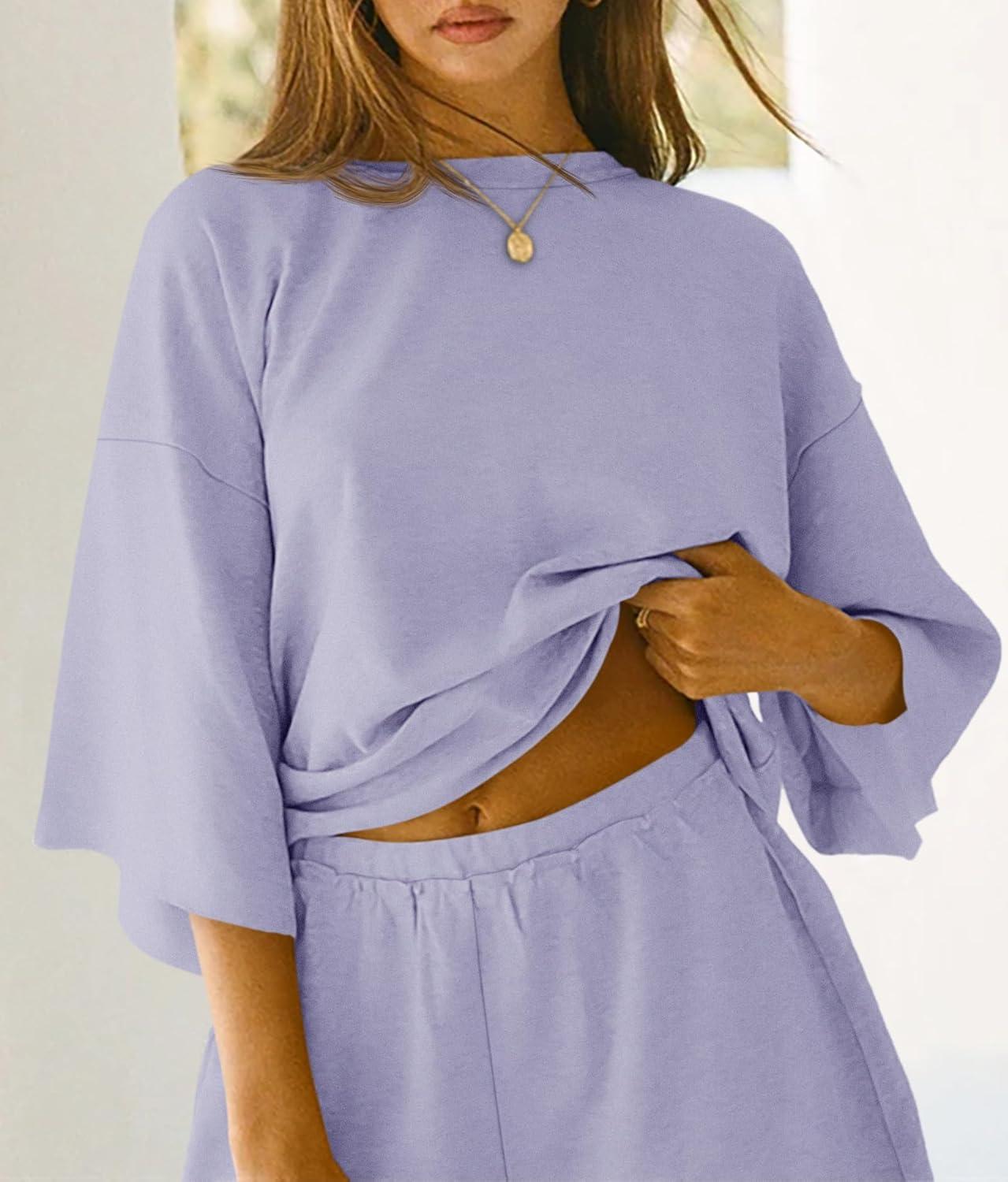 imageTankaneo Womens Pajama Sets 34 Sleeve Oversized Tops and Elastic Waist Shorts Lounge Sets LoungewearLight Purple