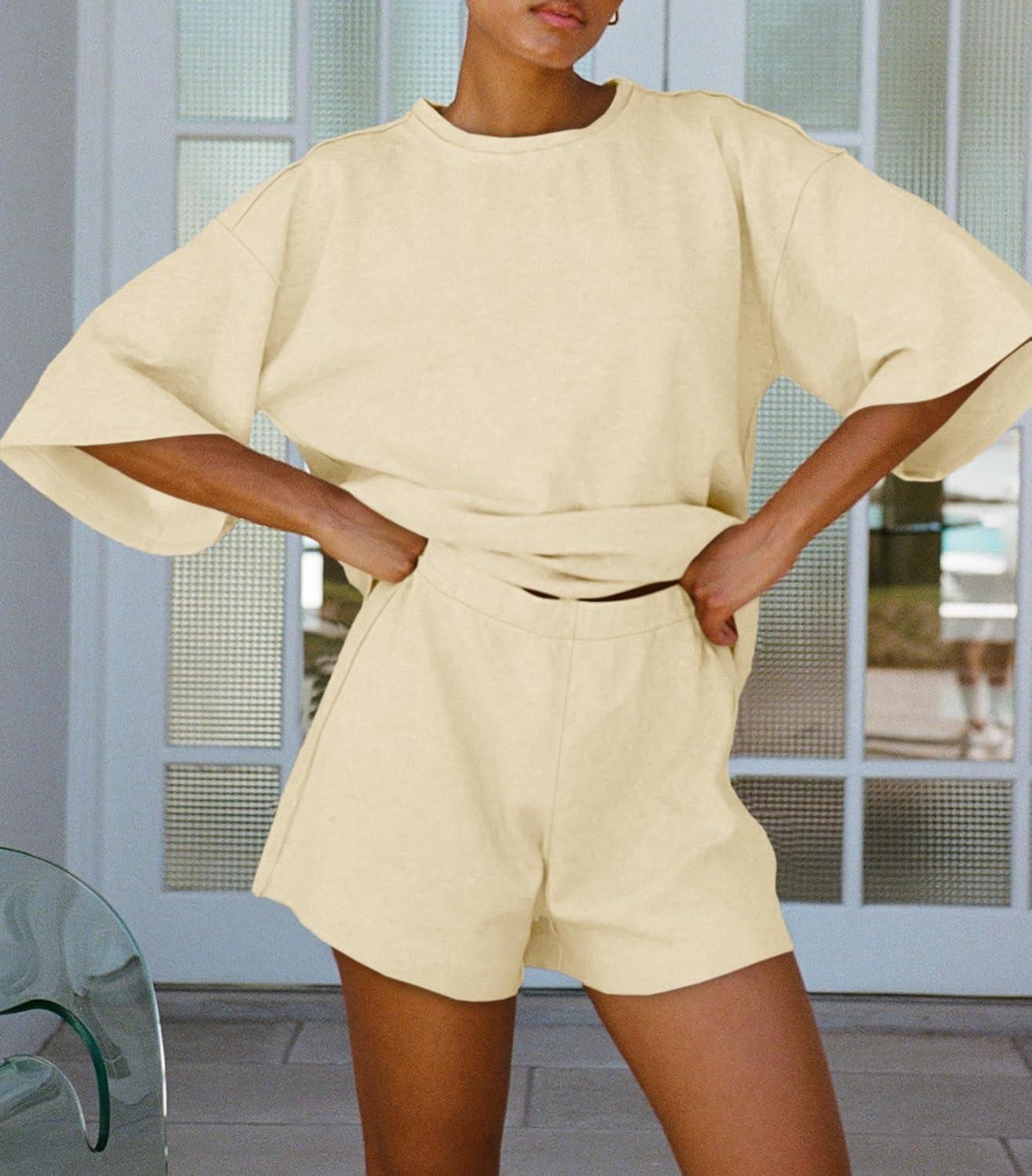 imageTankaneo Womens Pajama Sets 34 Sleeve Oversized Tops and Elastic Waist Shorts Lounge Sets LoungewearNavy