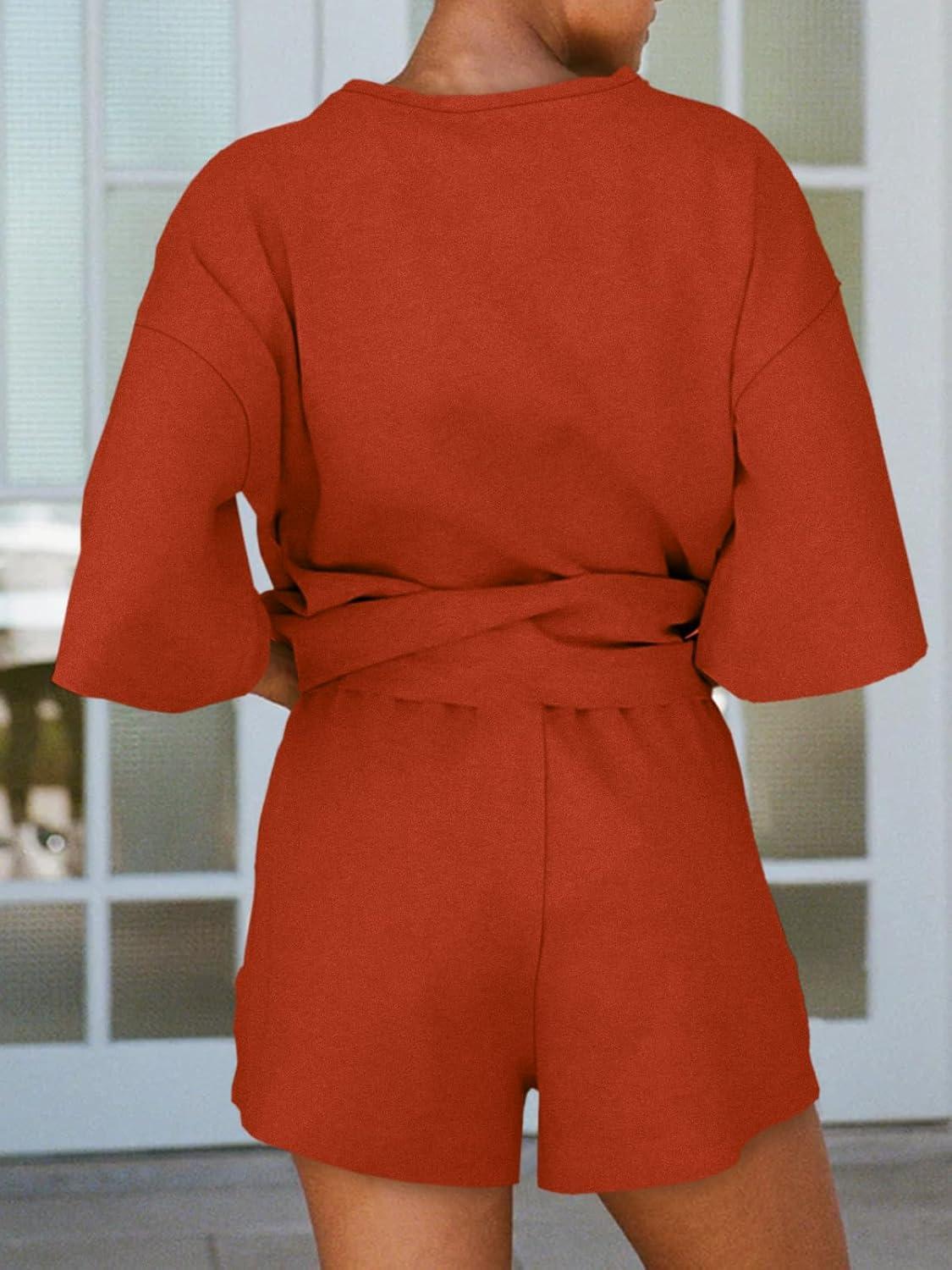 imageTankaneo Womens Pajama Sets 34 Sleeve Oversized Tops and Elastic Waist Shorts Lounge Sets LoungewearOrange