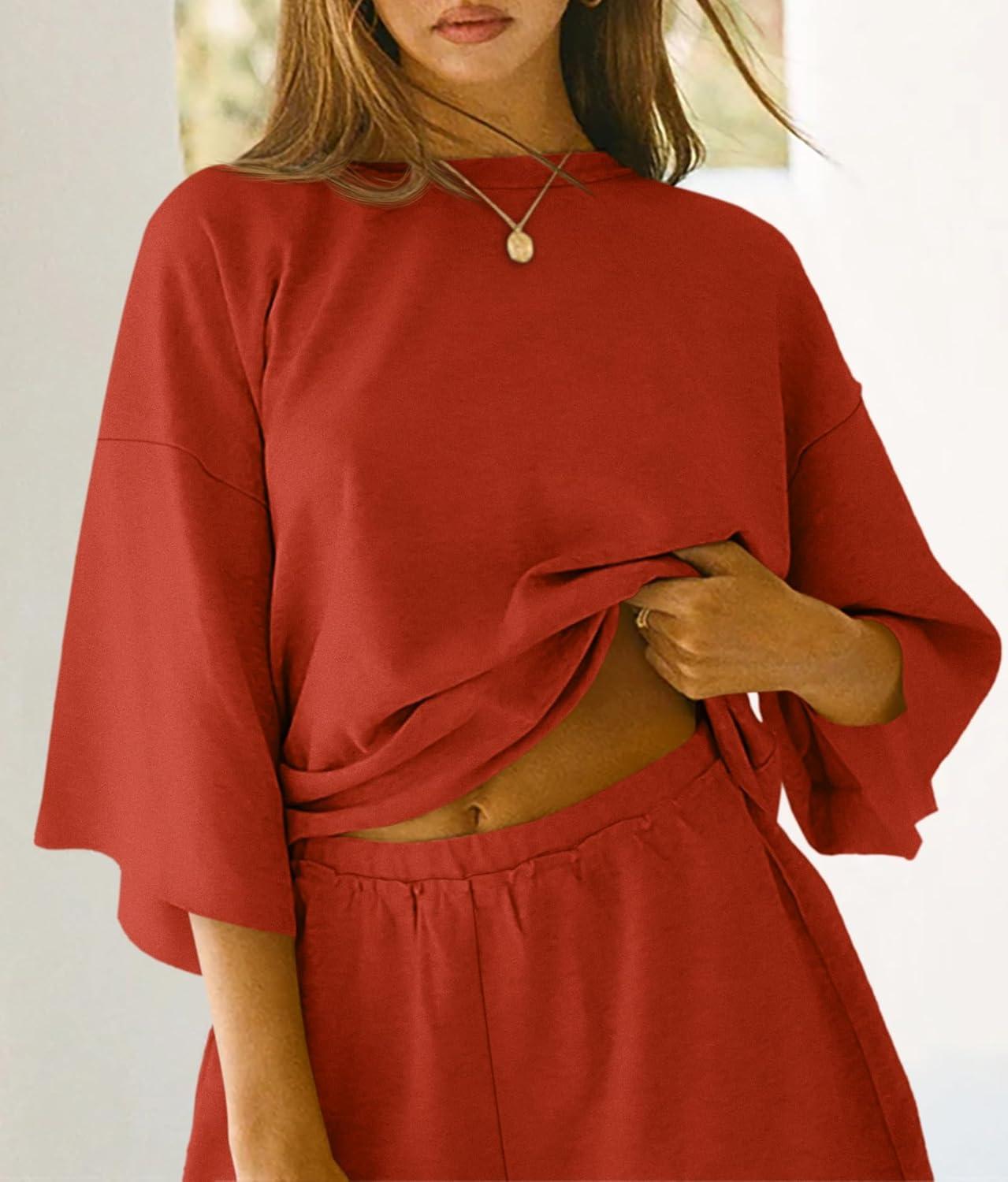 imageTankaneo Womens Pajama Sets 34 Sleeve Oversized Tops and Elastic Waist Shorts Lounge Sets LoungewearOrange