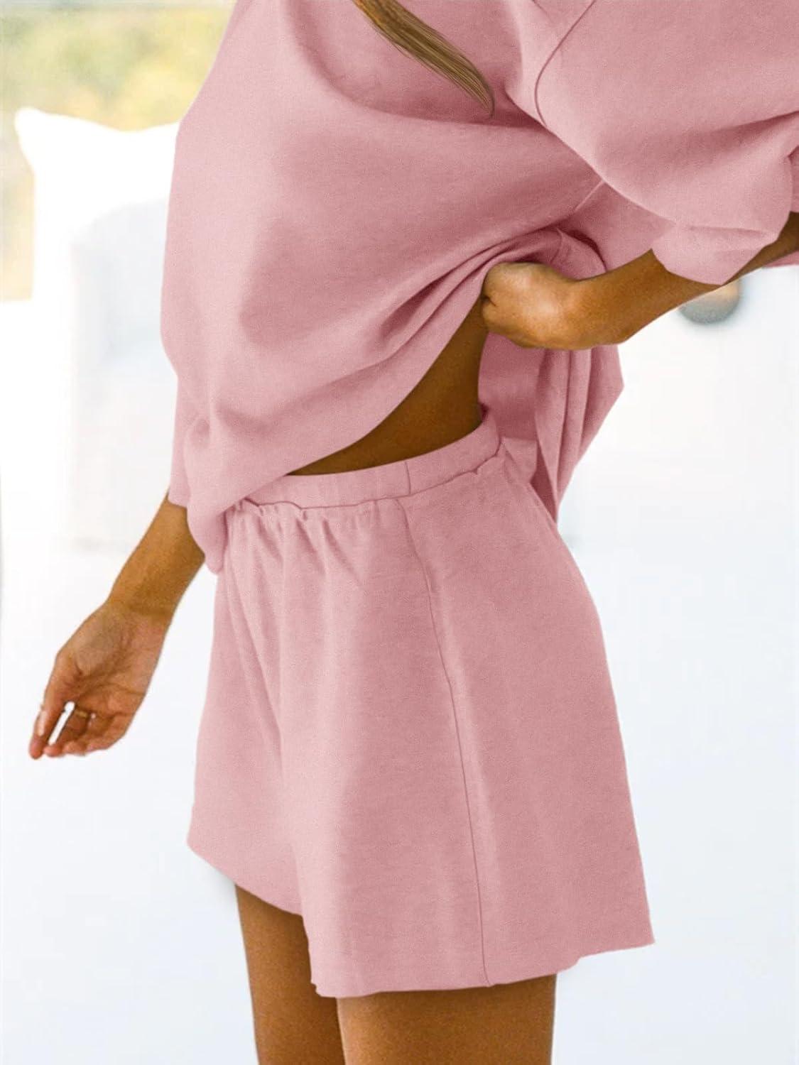 imageTankaneo Womens Pajama Sets 34 Sleeve Oversized Tops and Elastic Waist Shorts Lounge Sets LoungewearPink