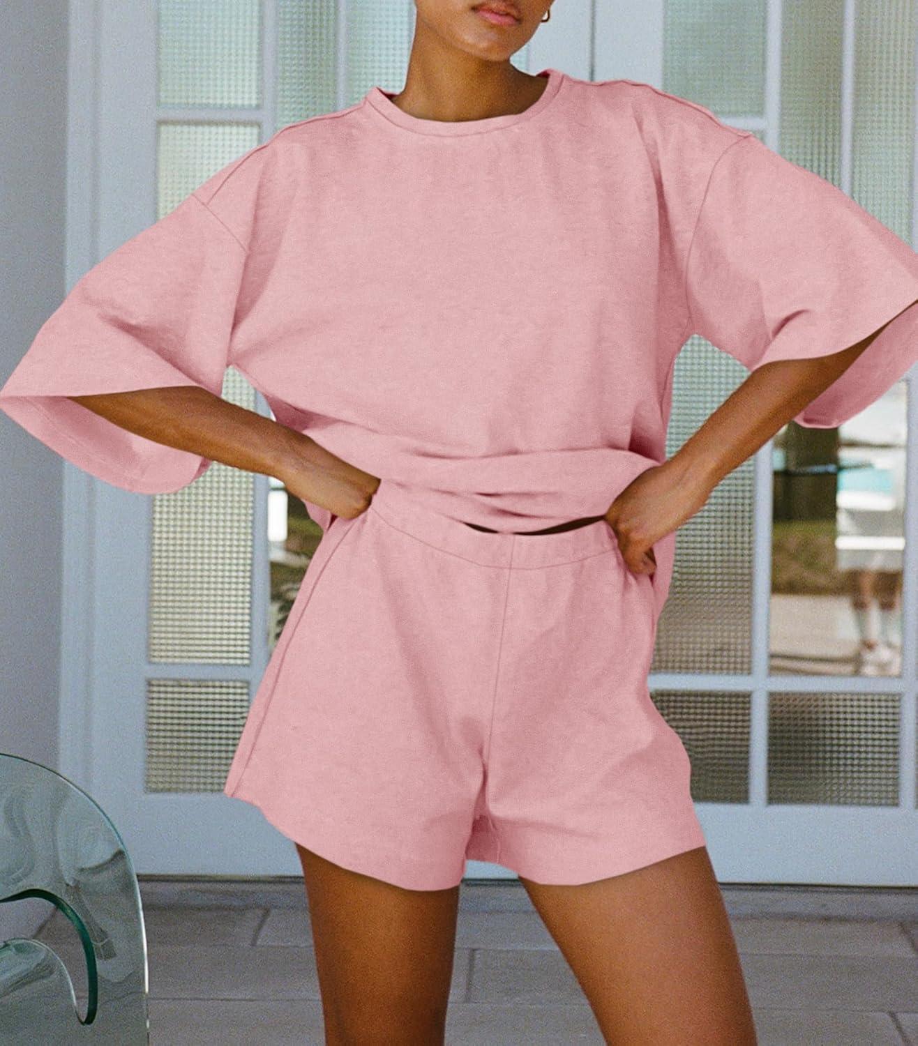 imageTankaneo Womens Pajama Sets 34 Sleeve Oversized Tops and Elastic Waist Shorts Lounge Sets LoungewearPink