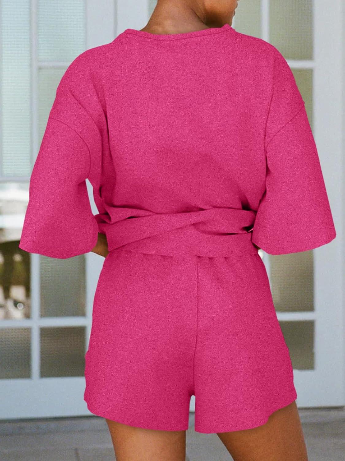 imageTankaneo Womens Pajama Sets 34 Sleeve Oversized Tops and Elastic Waist Shorts Lounge Sets LoungewearRose Red