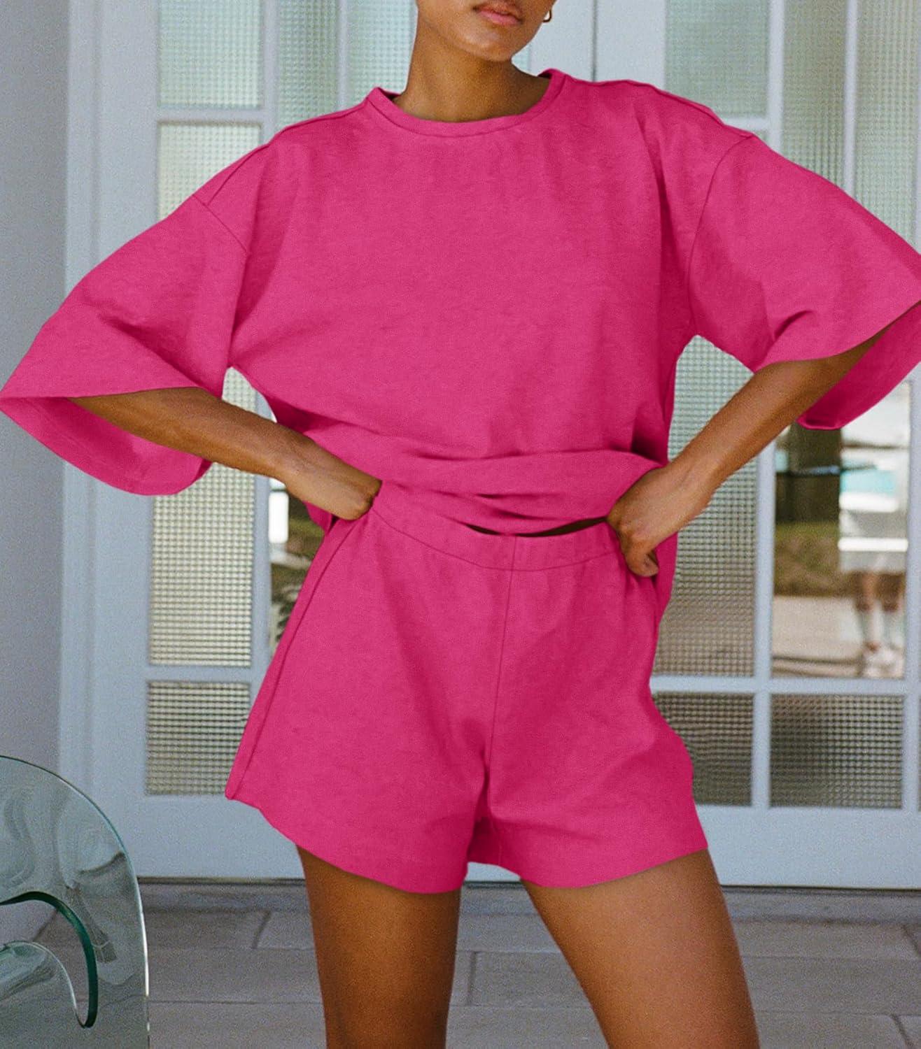 imageTankaneo Womens Pajama Sets 34 Sleeve Oversized Tops and Elastic Waist Shorts Lounge Sets LoungewearRose Red