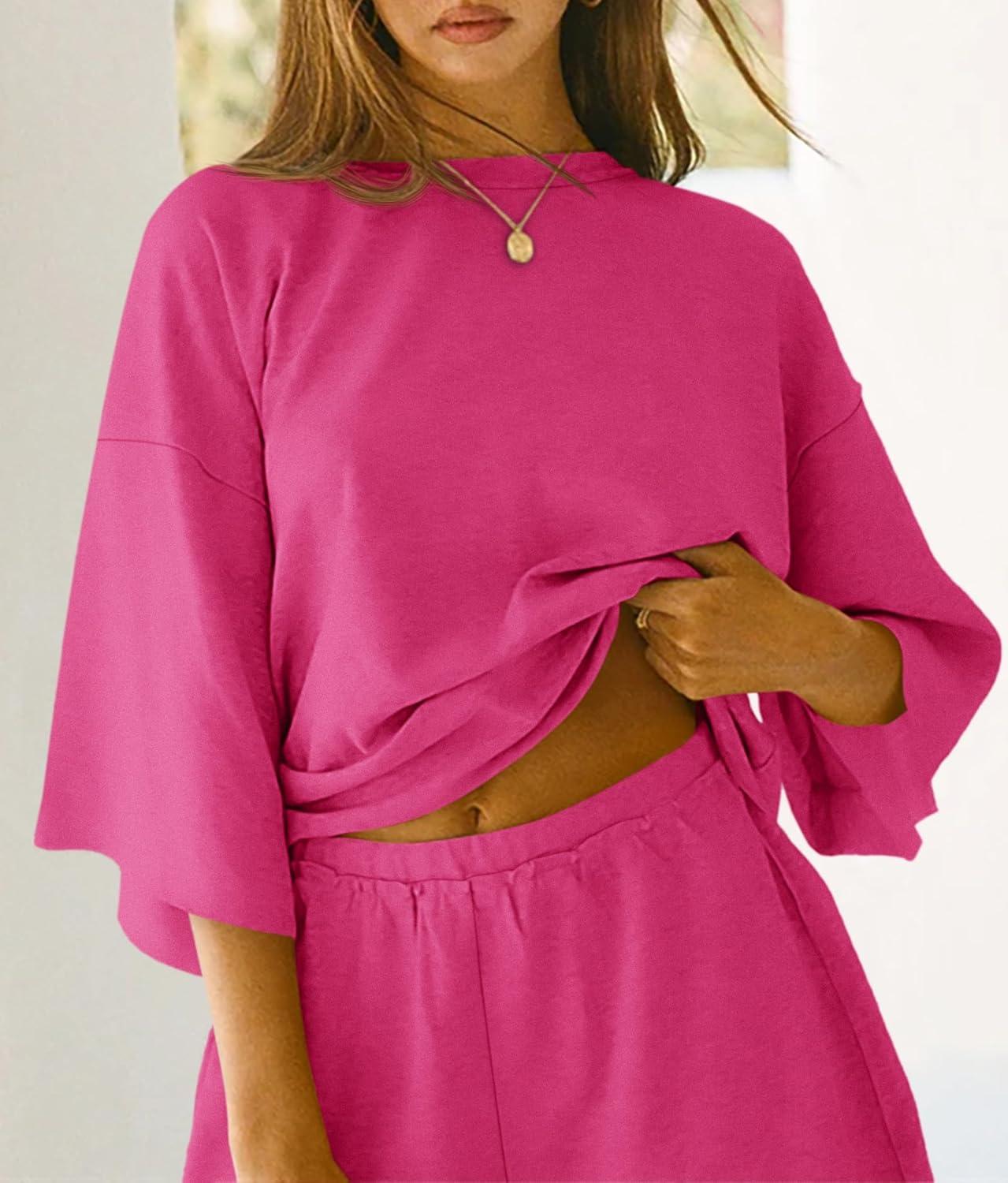 imageTankaneo Womens Pajama Sets 34 Sleeve Oversized Tops and Elastic Waist Shorts Lounge Sets LoungewearRose Red