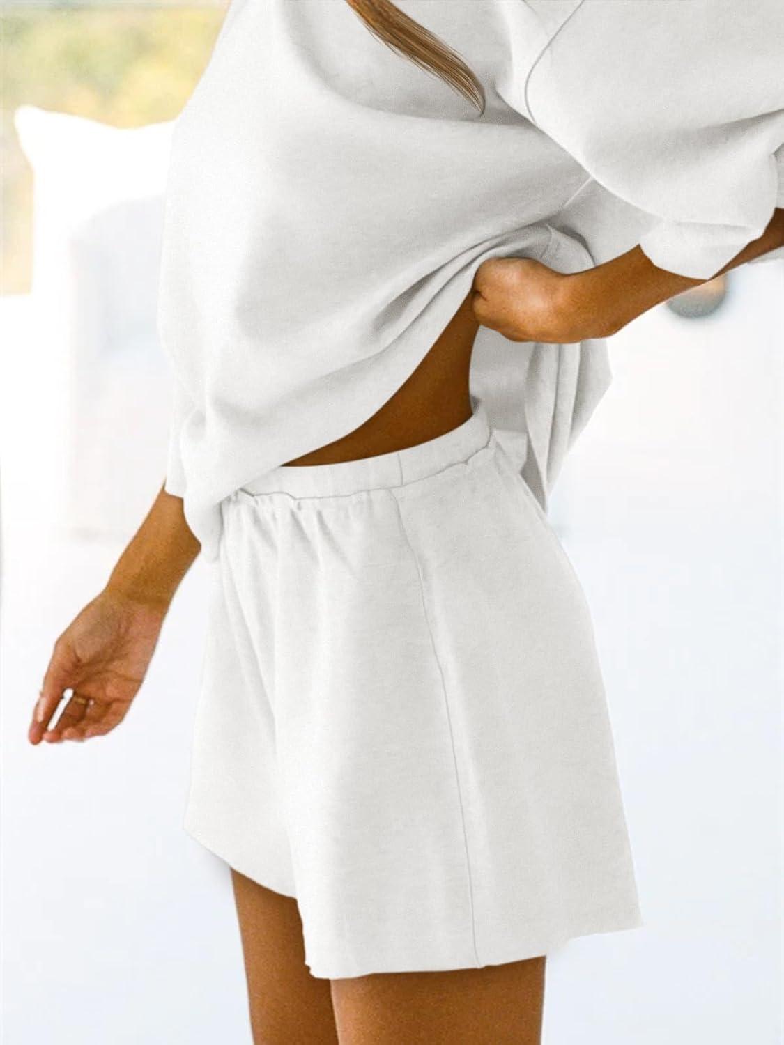 imageTankaneo Womens Pajama Sets 34 Sleeve Oversized Tops and Elastic Waist Shorts Lounge Sets LoungewearWhite